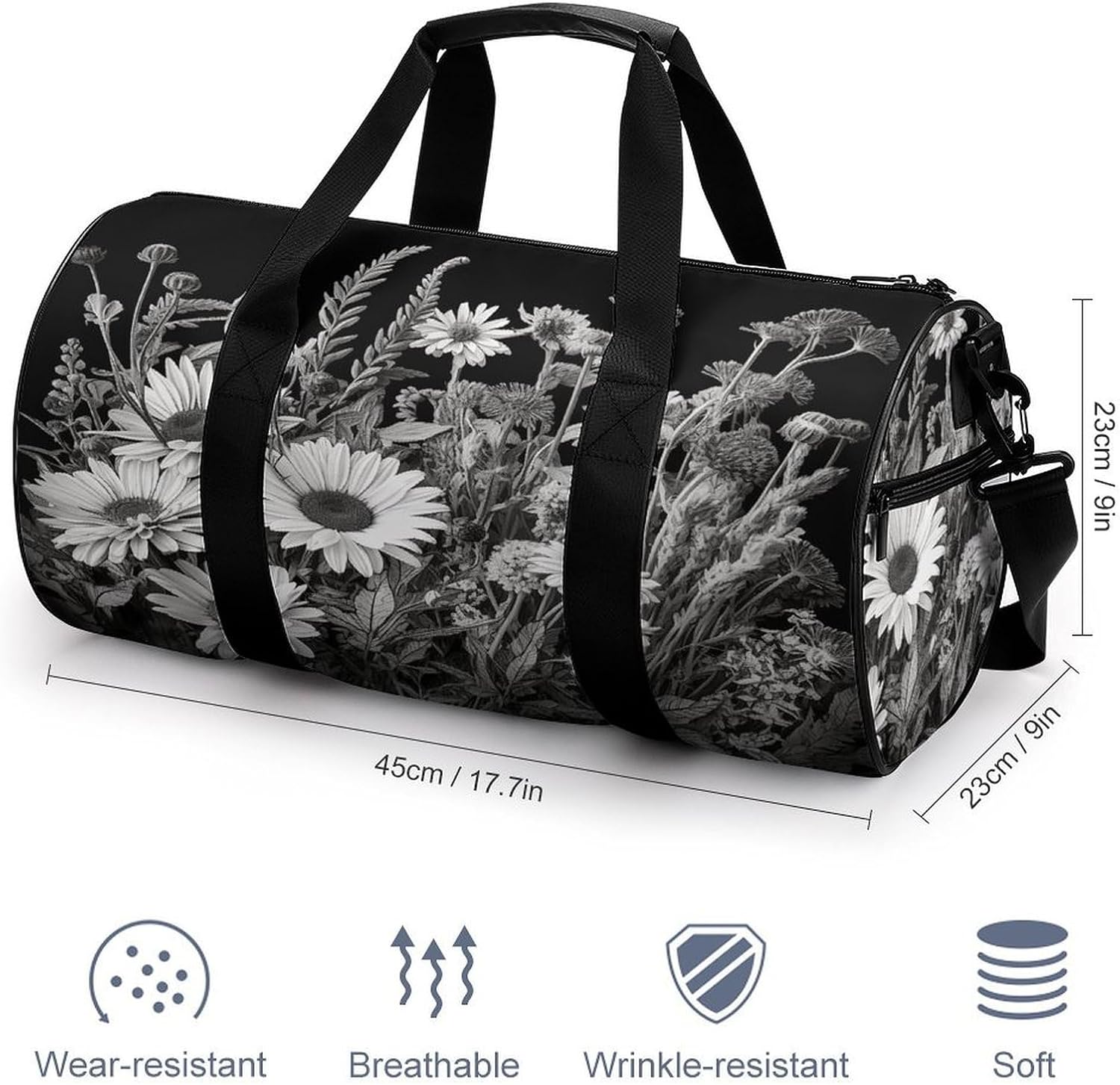 Black And White Flowers Gym Bag Duffle Bags Weekender Overnight Bag image 2
