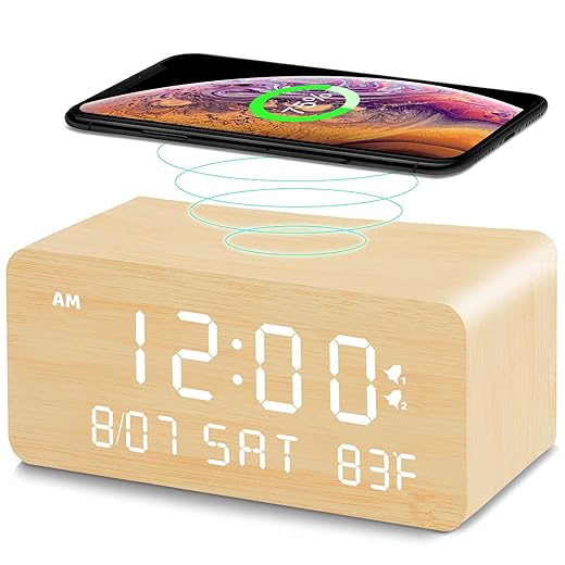 Andoolex Wooden Digital Alarm Clock with Wireless Charging, 0 100 % Adjustable Brightness Dimmer