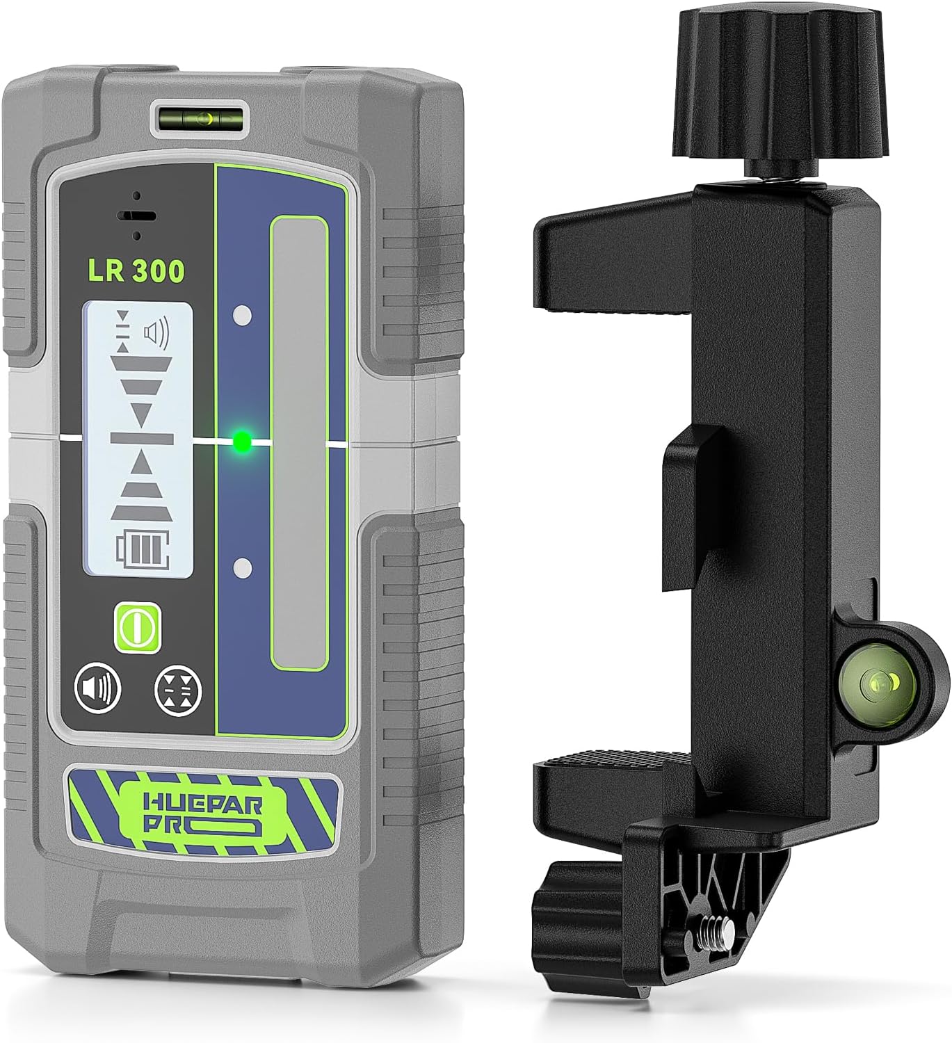 Huepar Pro Laser Detector, LCD & LED Laser Receiver LR300 for Laser Level -Green&Red Beams Outdoor, Compatible with Huepar & Pro Laser Levels with Pulse Mode, Up to 660Ft, IP65, Magnet, Clamp Included