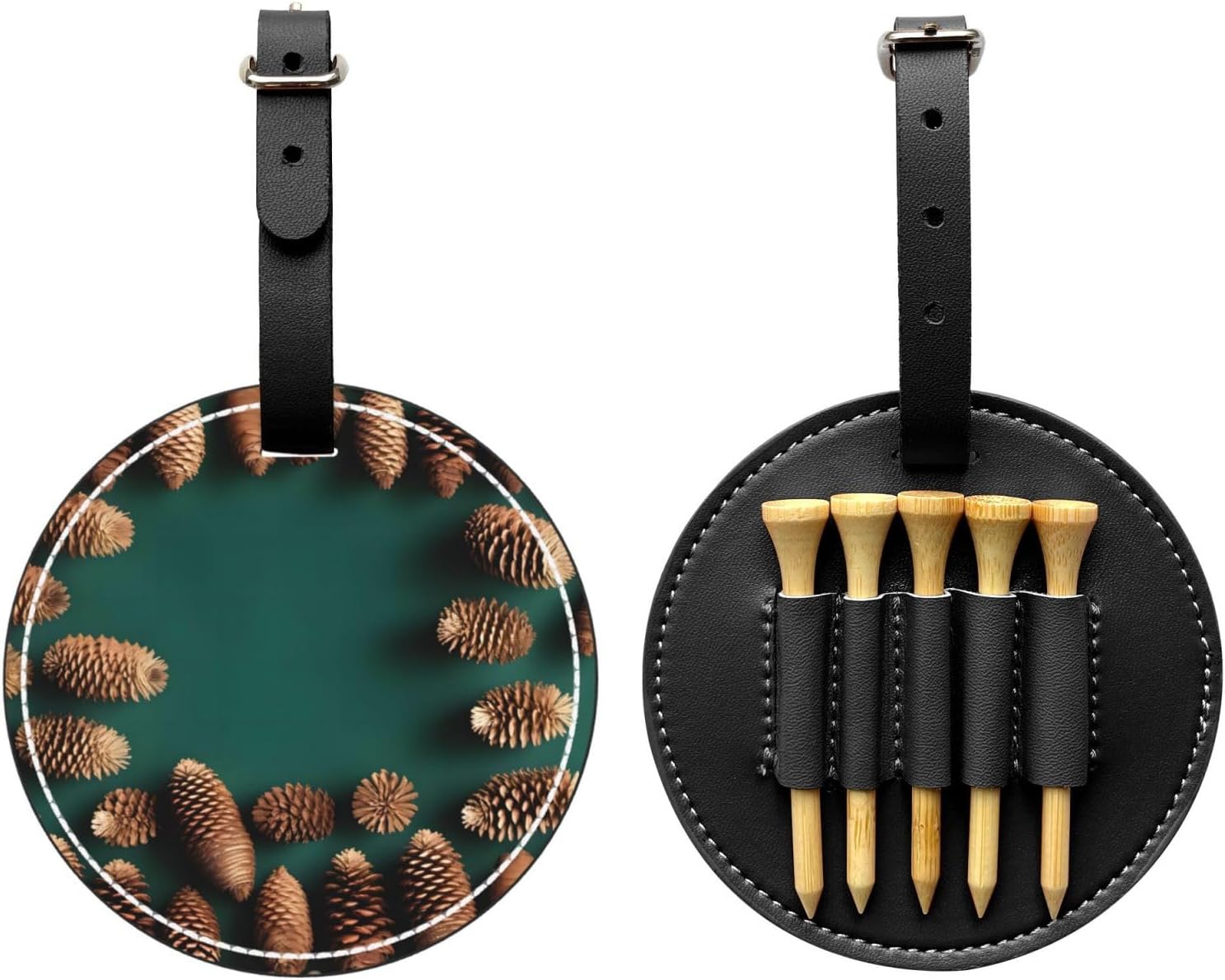 Pine Cone Border Black Printed Golf tee Storage Bag - for Men only, Durable PU Material, Easy to Carry, Enhance The Golf Experience