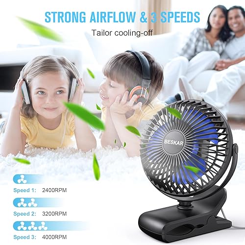Miniatura 8 de BESKAR Ventilador de clip alimentado por USB, ventilador portátil de 6 pulgadas con cable, 3 velocidades de flujo de aire fuerte, ventilador pequeño