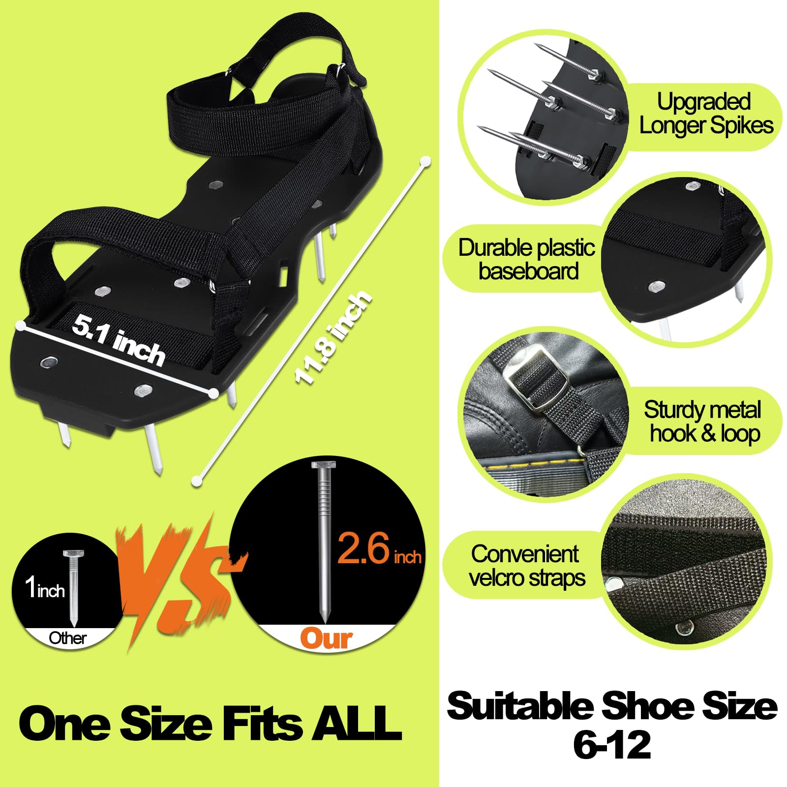 Chaussures aérateurs de pelouse, chaussures d'aération robustes pour pelouse avec sangles réglables, installation facile, taille unique pour pelouse, cour, sol, terrasse (vert)