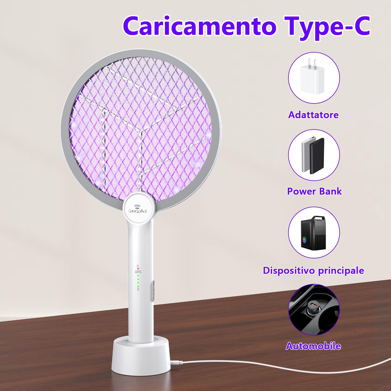 2 Racchetta Zanzare Elettrica 4000V, Ricaricabile USB C Racchetta Zanzare Elettric Anti Zanzare, Protezione dal tatto, Antizanzare per Casa Campeggio Interni ed Esterni