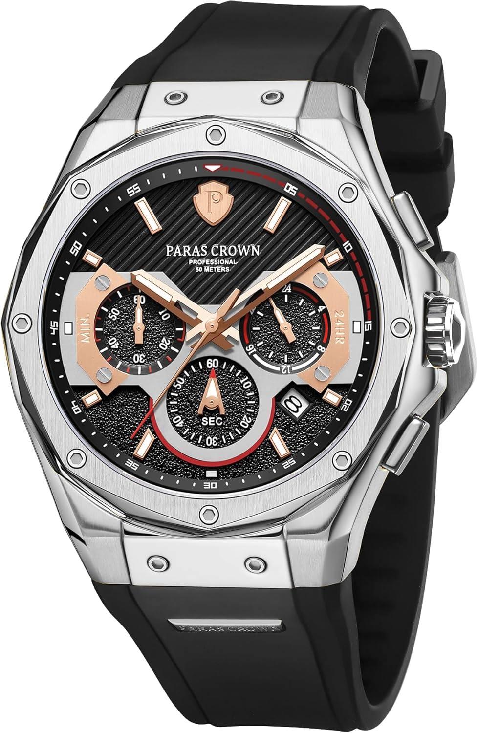 PC PARAS CROWN Mens Watches Fashion Luxury Quartz Waterproof Chronograph Wrist Watches for Men Silicone Strap Stainless Steel Case