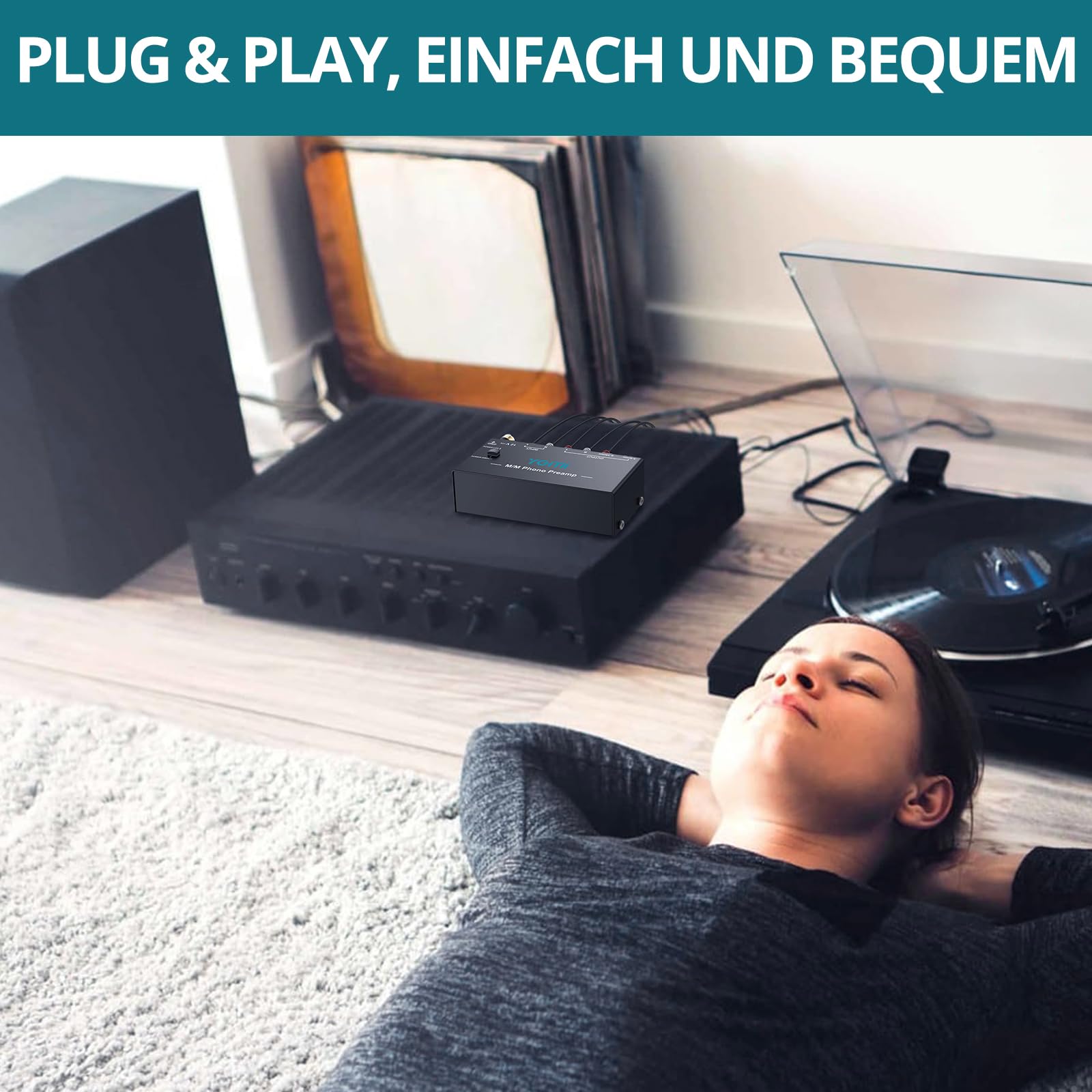 Vorverstärker für Plattenspieler | M/M Phono-Vorverstärker mit Netzschalter | RCA Input & Output Interfaces | DC-12V Zertifiziertes Netzteil | Wenig-Lärm Betrieb | Kompaktes Gehäuse