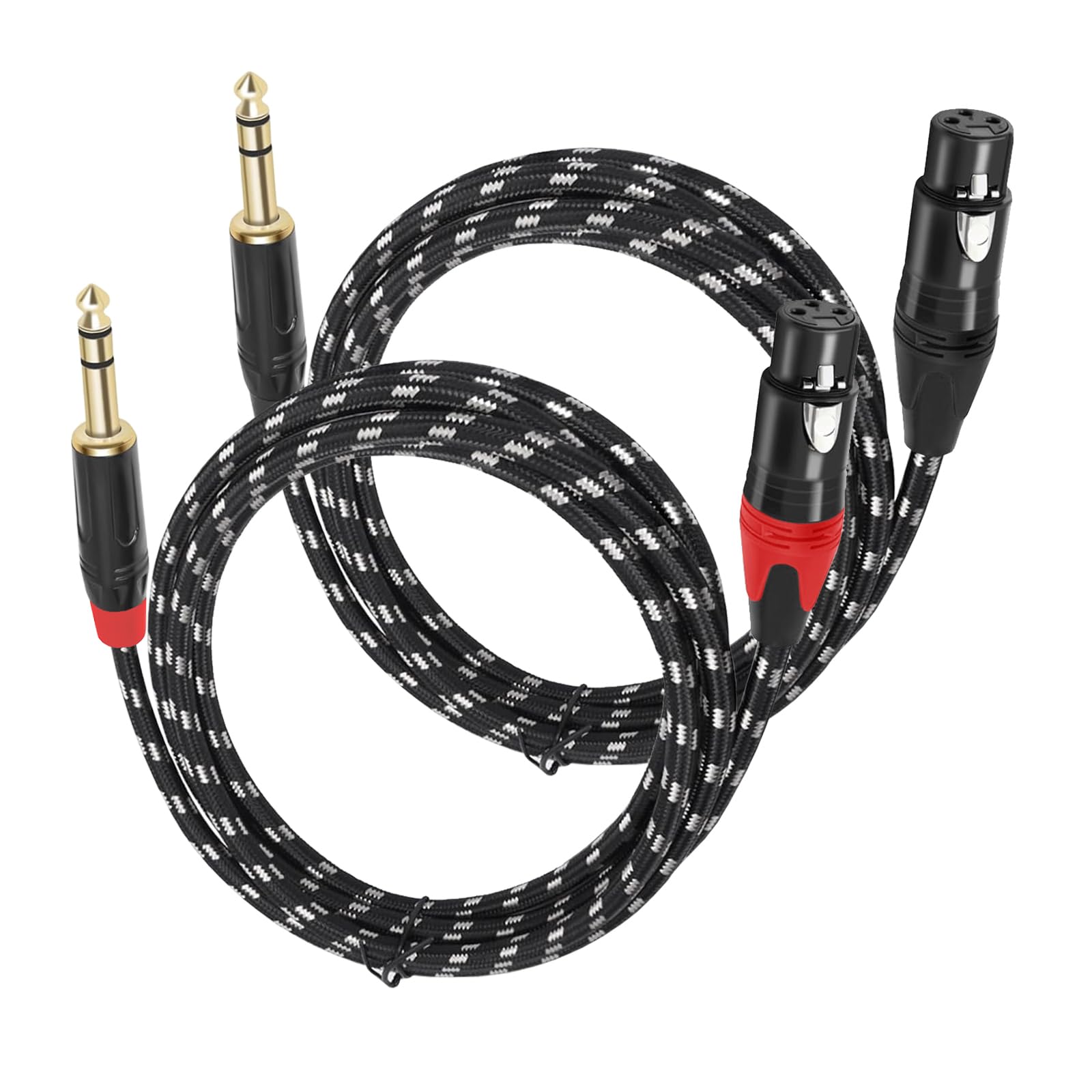 XLR Female to 1/4 (6.35mm) TRS Mono Jack Microphone Cable, 10 FT , 2 Pack, Black and White Grid Protective Layer, Balanced 3 Pin XLR to Quarter inch