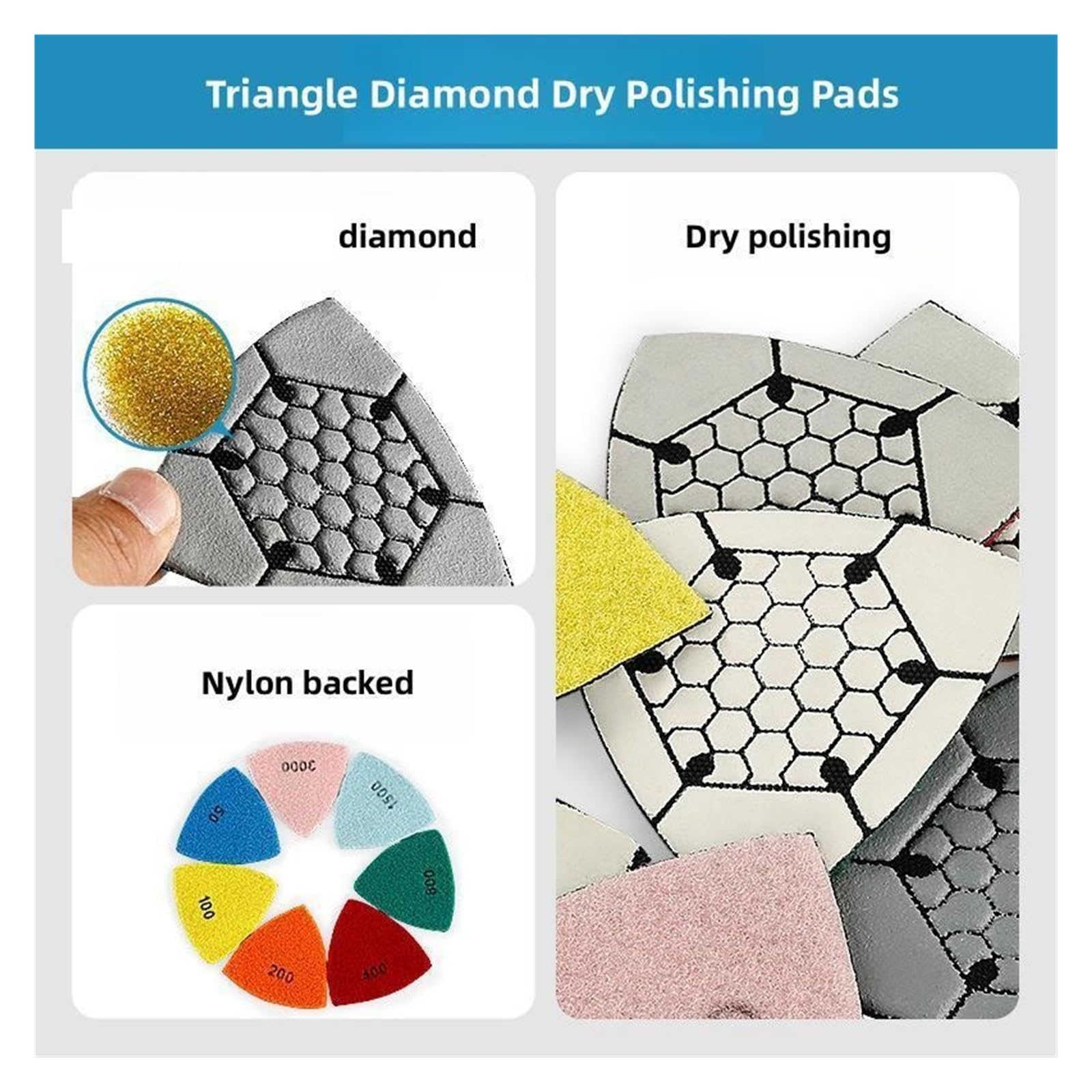 Almohadillas de Pulido Triangulares de Diamante de 90 mm para mármol, Granito, multiherramientas oscilantes, Papel de Lija (7 Unidades, 100 Unidades)