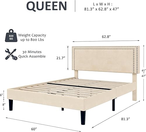 Miniatura 206 de VECELO Base de cama de tamaño matrimonial con cabecera tapizada ajustable, plataforma de listones de madera, diseño sin ruido, fácil montaje Negro