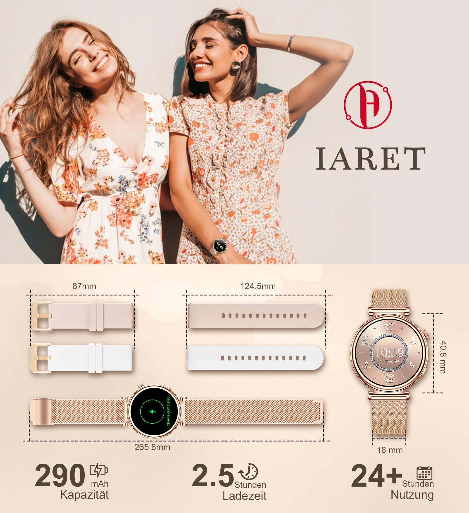 Smartwatch Damen mit Telefonfunktion 1,27" HD Touchscreen 41mm Fitness Tracker 100+ Sportmodi Schlafmonitor Schrittzähler Rund Smart Watch für iOS Android Roségold
