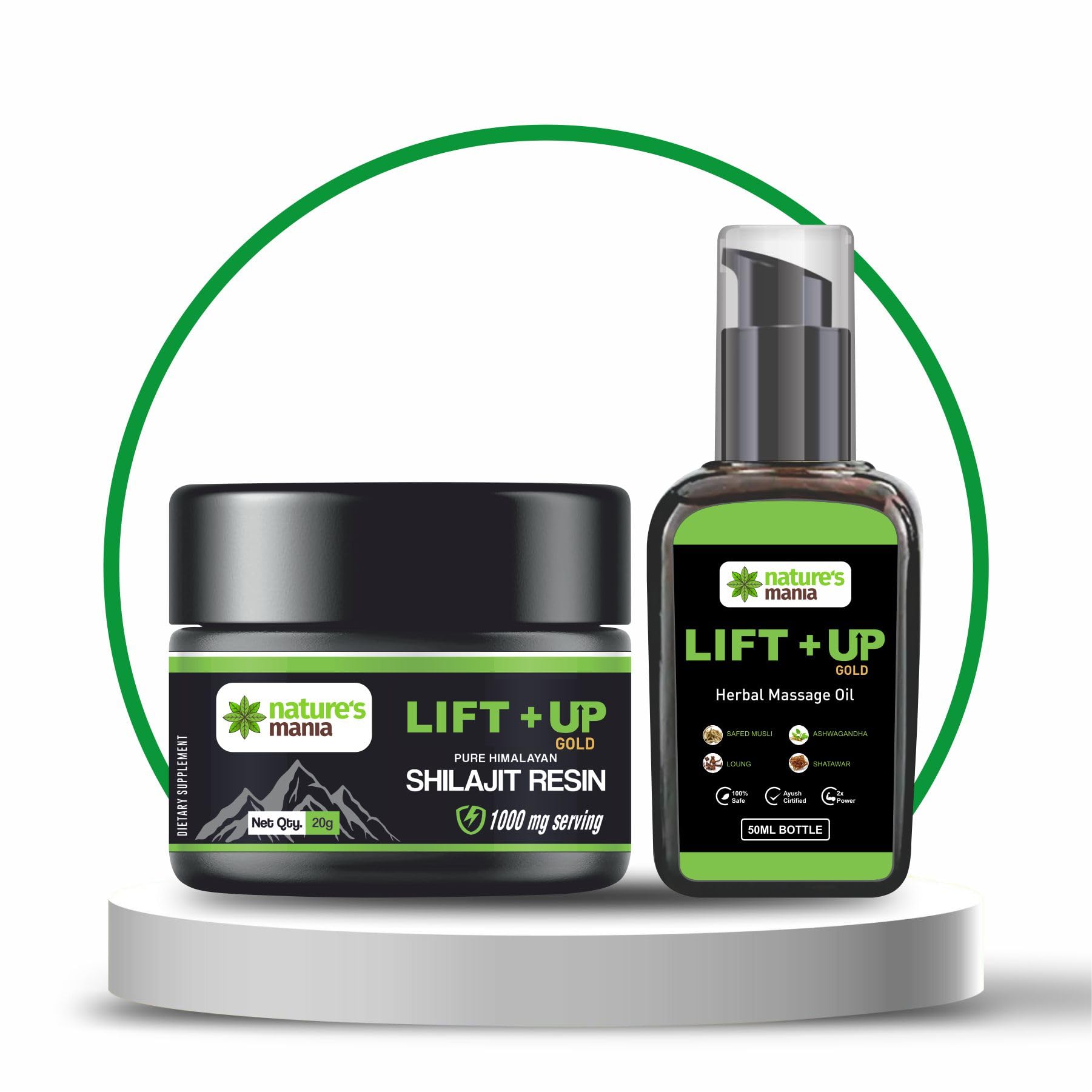 Nature's Mania Lift-Up Oil (50 ml) & Shilajit Resin (20 g) Combo Pack | Natural Energy, Stamina & Vitality Boost for Men, Herbal Supplement for Performance & Overall Wellness