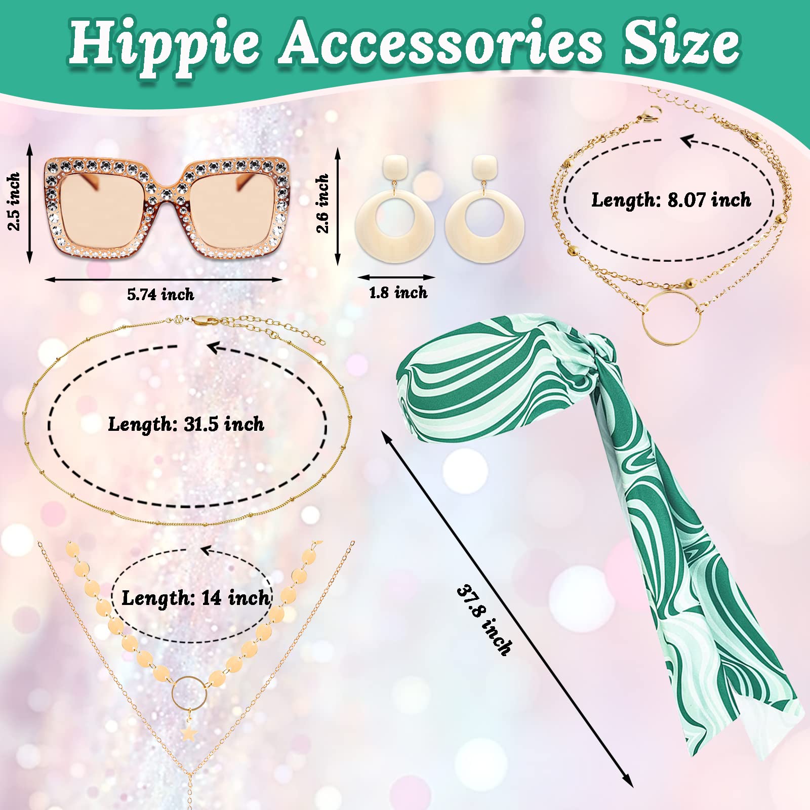 60/70s Disco Fancy Dress for Women 1970s Hippie Costume Outfit with Flared Top Trousers Headband Necklace Earrings Bracelet Waist Chain Glasses Hippy Style Clothes for Ladies Dress Up Retro Party - Image 5