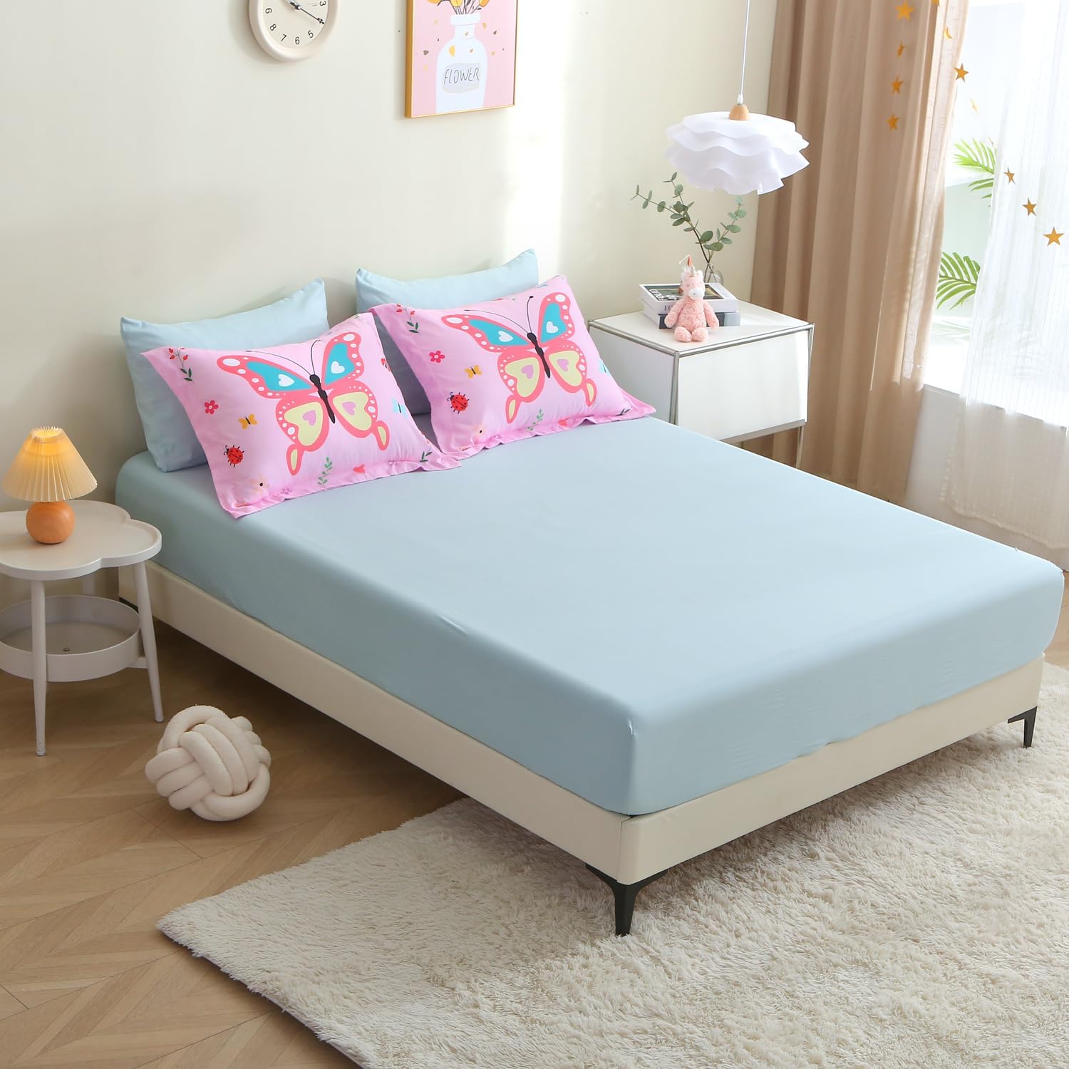 Girls Butterfly Comforter Set Queen Size 7 Piece Bed in A Bag Colorful Pink Flowers Leaves Bedding Set for Kids Teens Super Soft All Season - Image 5