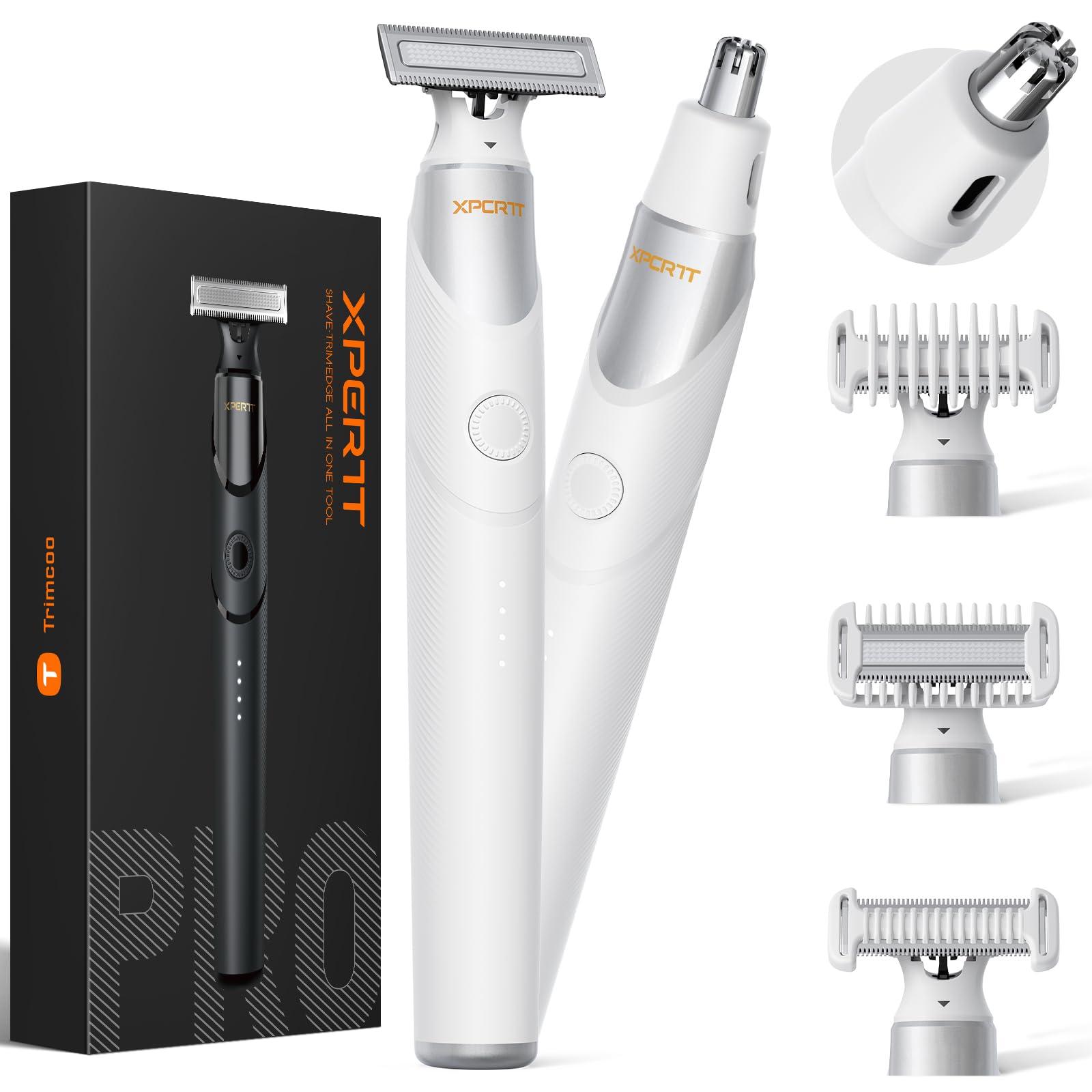 New 2 in 1 Body &amp; Nose Hair Trimmer - Electric Beard Razor for Men, All-in-One Groomer with Magnetic Nose Hair Head, Waterproof Wet/Dry Use, Groin/Ball Shaver, USB-C Fast Charging,White(Solo)