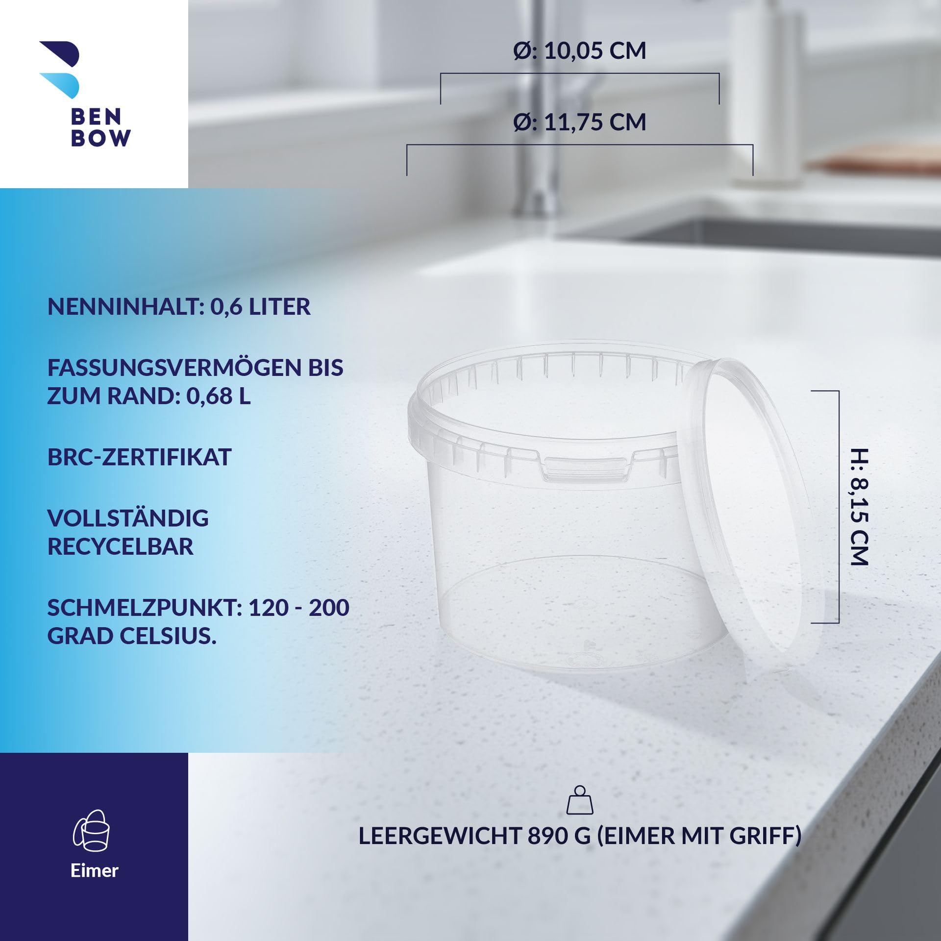 BenBow Eimer mit Deckel 0,5l transparent 100x 0,5 Liter - lebensmittelecht, stabil, luftdicht - auslaufsicher, geruchsneutral - Aufbewahrungsbehälter aus Kunststoff - leer