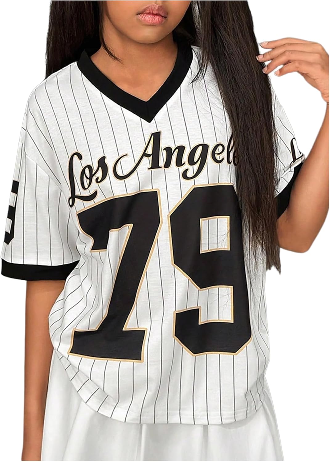 Girl's Jersey Shirt Number Letter Print Jerseys Summer Striped Sport Football Shirt V Neck Loose T Shirt