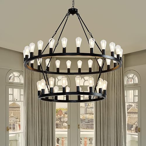 Miniatura 3 de Candelabro negro de 48 pulgadas con rueda de vagón, 2 niveles y 40 luces, estilo granja, industrial, redondo, de techo alto, cadena ajustable, para