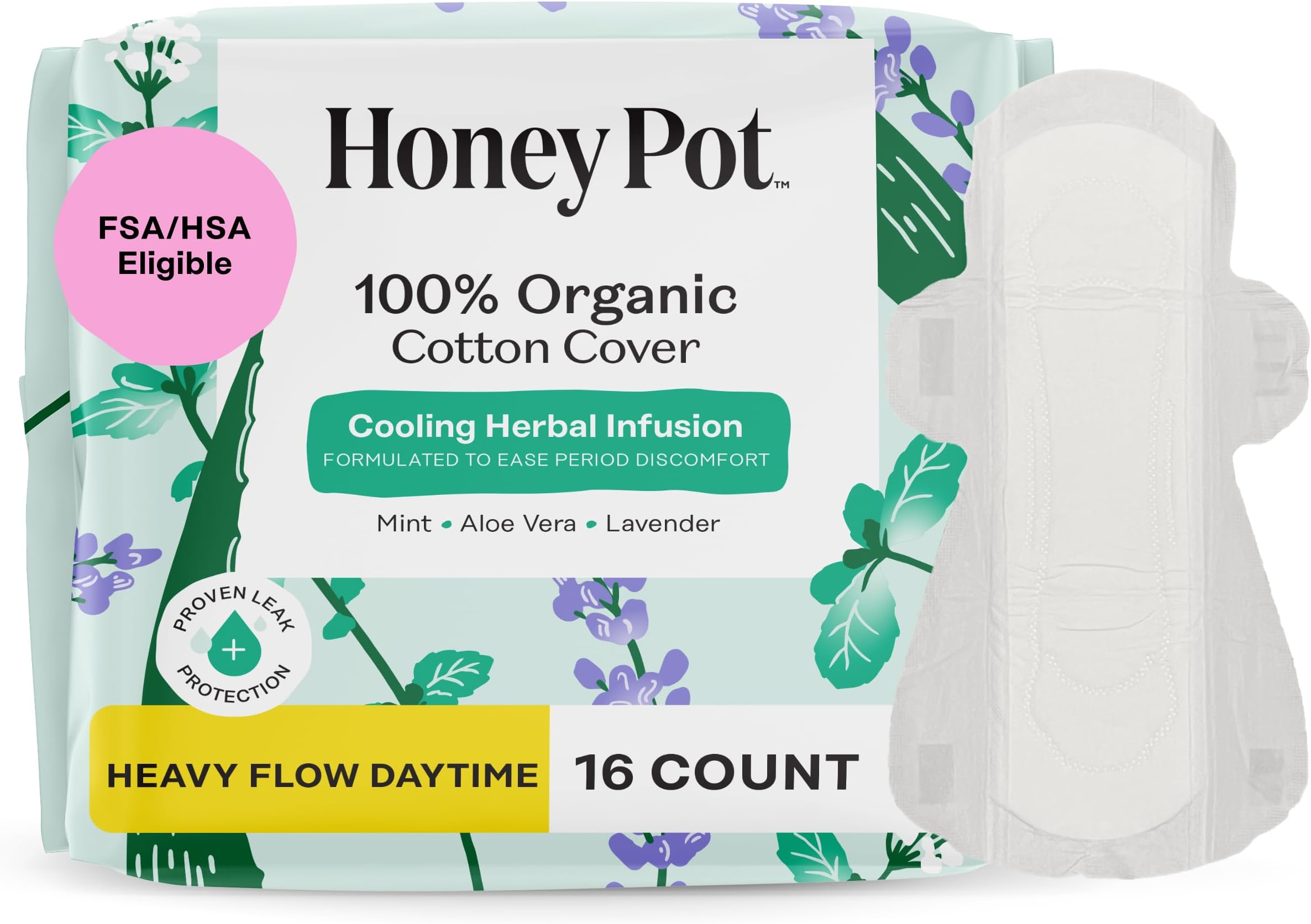 e Honey Pot Company - Organic Cotton Cover, Herbal Daytime Heavy Flow Pads with Wings - 16 ct.