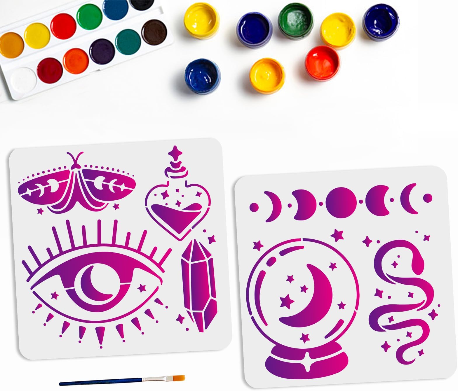 MAYJOYDIY 2pcs Evil Eyes Stencil Crystal Ball Stencil Moon Phase Star Moth Crystal Snake Pattern Template 11.8×11.8inch with Paint Brush Home Decor Painting on Wood Wall Notebook Card