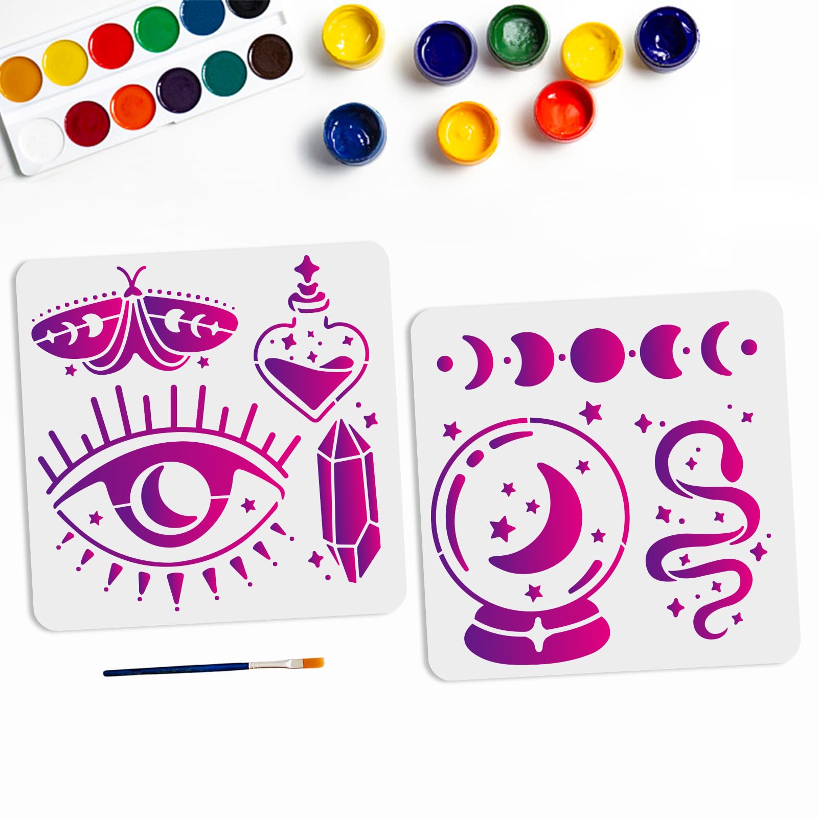 MAYJOYDIY 2pcs Evil Eyes Stencil Crystal Ball Stencil Moon Phase Star Moth Crystal Snake Pattern Template 11.8×11.8inch with Paint Brush Home Decor Painting on Wood Wall Notebook Card