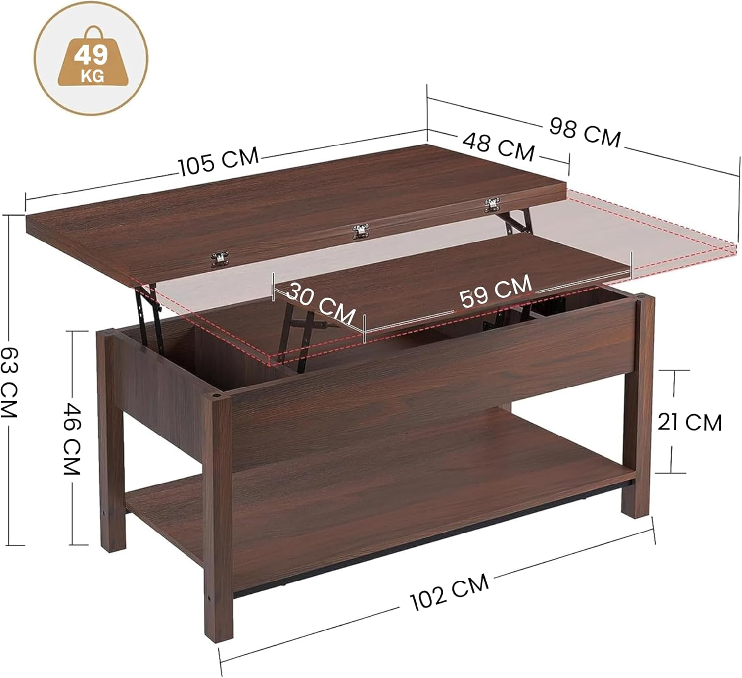 Diagram showing the dimensions of the FABATO Lift-Up Coffee Table, including width, length, and height in both closed and lifted positions.