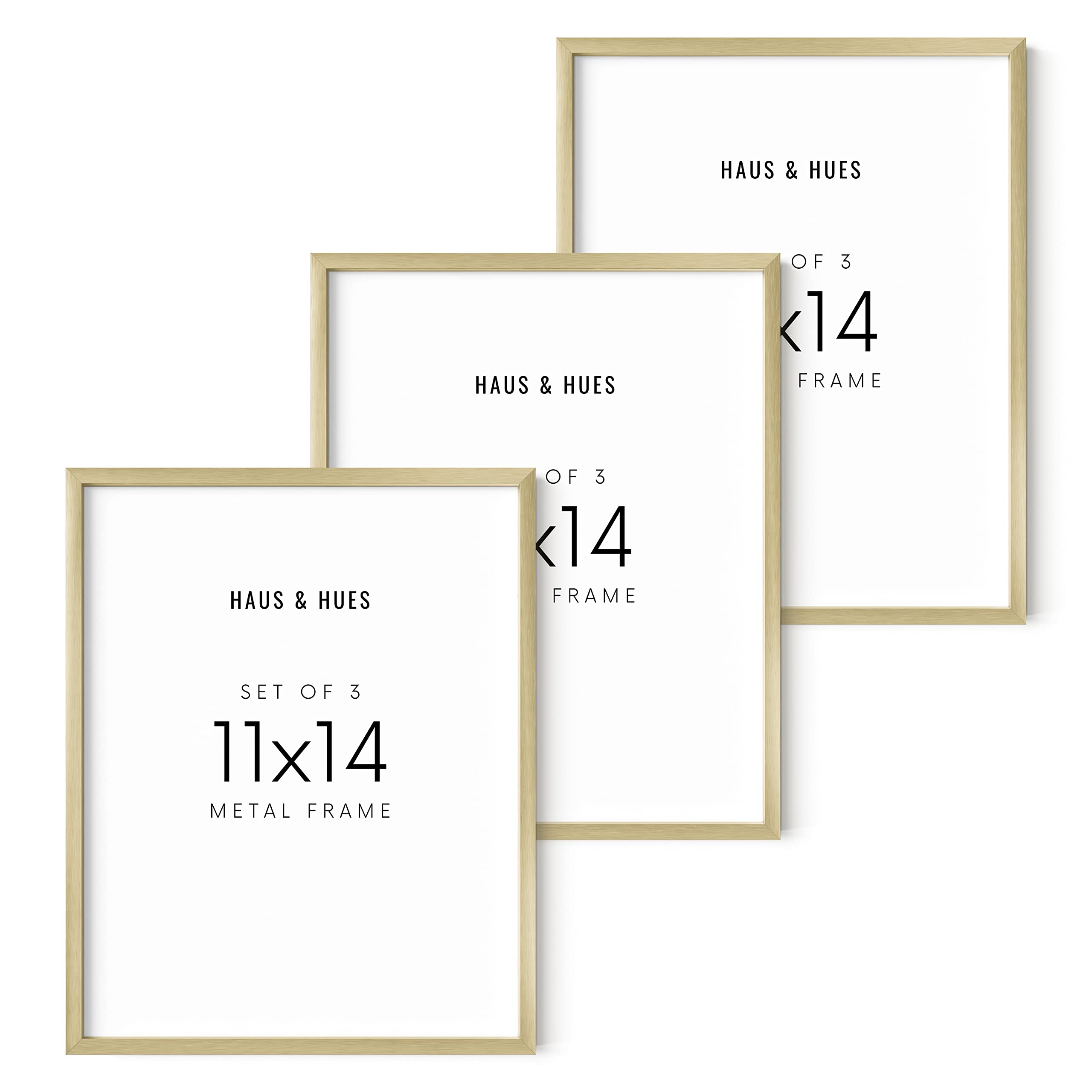 HAUS AND HUES 11x14 Gold Picture Frames - Modern Aluminum Wall Art Display - Lightweight 11x14 Frames for Certificates, Photos, Posters - Ready-to-Hang Vertically & Horizontally (Set of 3)