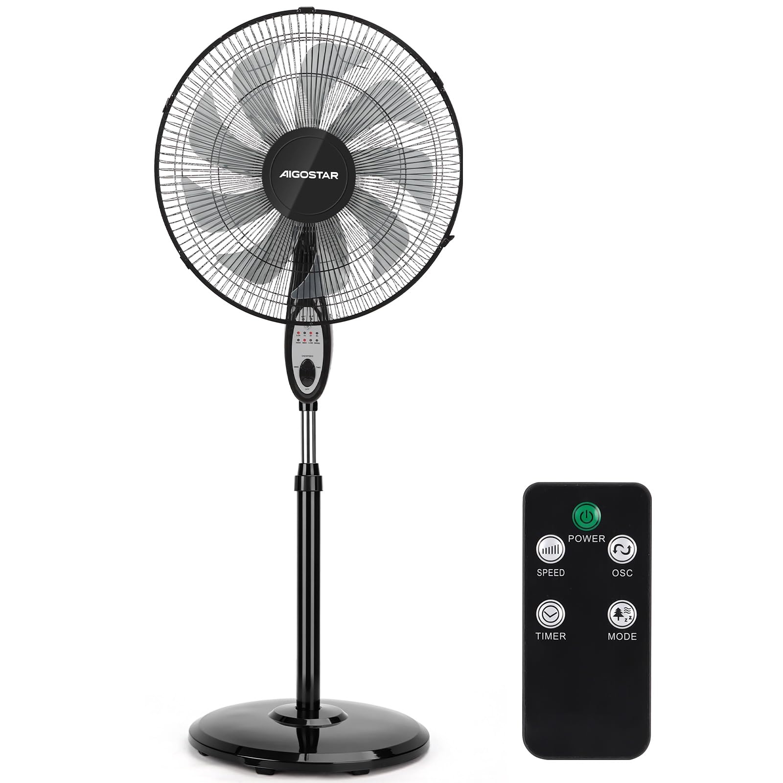 Aigostar Ventilateur sur pied silencieux, 9 pales, télécommande, 3 vitesses, 3 modes, minuterie de 7,5 heures, oscillant à 80°, ventilateur à hauteur réglable, base antidérapante, 60 W, Carr