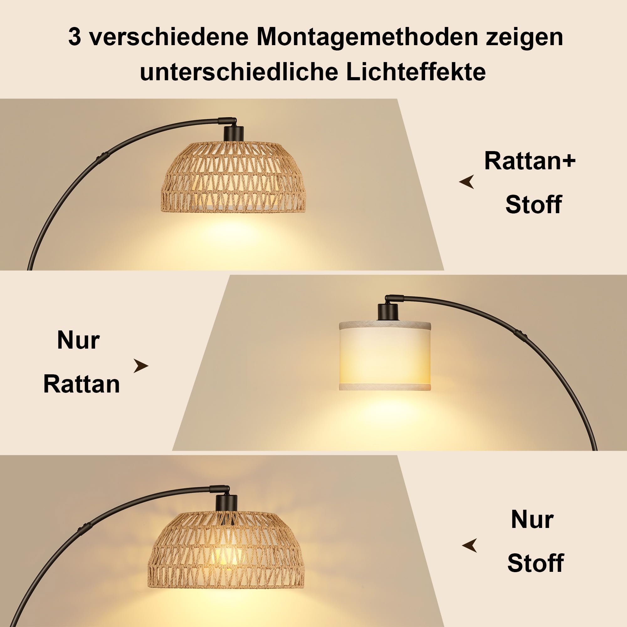 ROTTOGOON Bogen Rattan Stehlampe für Wohnzimmer 3 Farbtemperaturen Dimmbare 9W LED mit Fußschalter Boho Landhausstil Stehleuchte für Schlafzimmer Büro inkl. Birne Schwarz