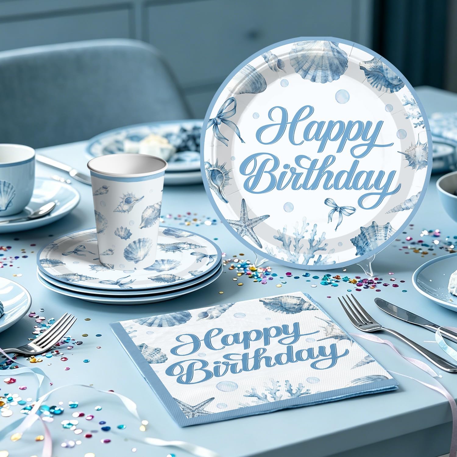 Seashell Birthday Decorations, Blue Coastal Beach Party Decorations All-in-One Set Serves 25, 233PCS Ocean Theme Supplies with Banner Backdrop Tableware Tablecloth Balloons Cake & Cupcake Toppers