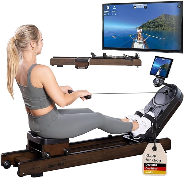 Skandika Rudergerät Rovek | Rudermaschine Holz, Rudergerät für Zuhause klappbar, Magnetwiderstand mit 32 Stufen, Kinomap App kompatibel, aufstellbar, bis 195 cm