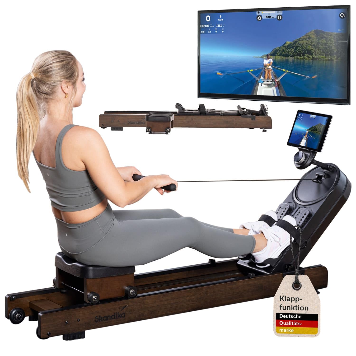 Skandika Rudergerät Rovek | Rudermaschine Holz, Rudergerät für Zuhause klappbar, Magnetwiderstand mit 32 Stufen, Kinomap App kompatibel, aufstellbar, bis 195 cm