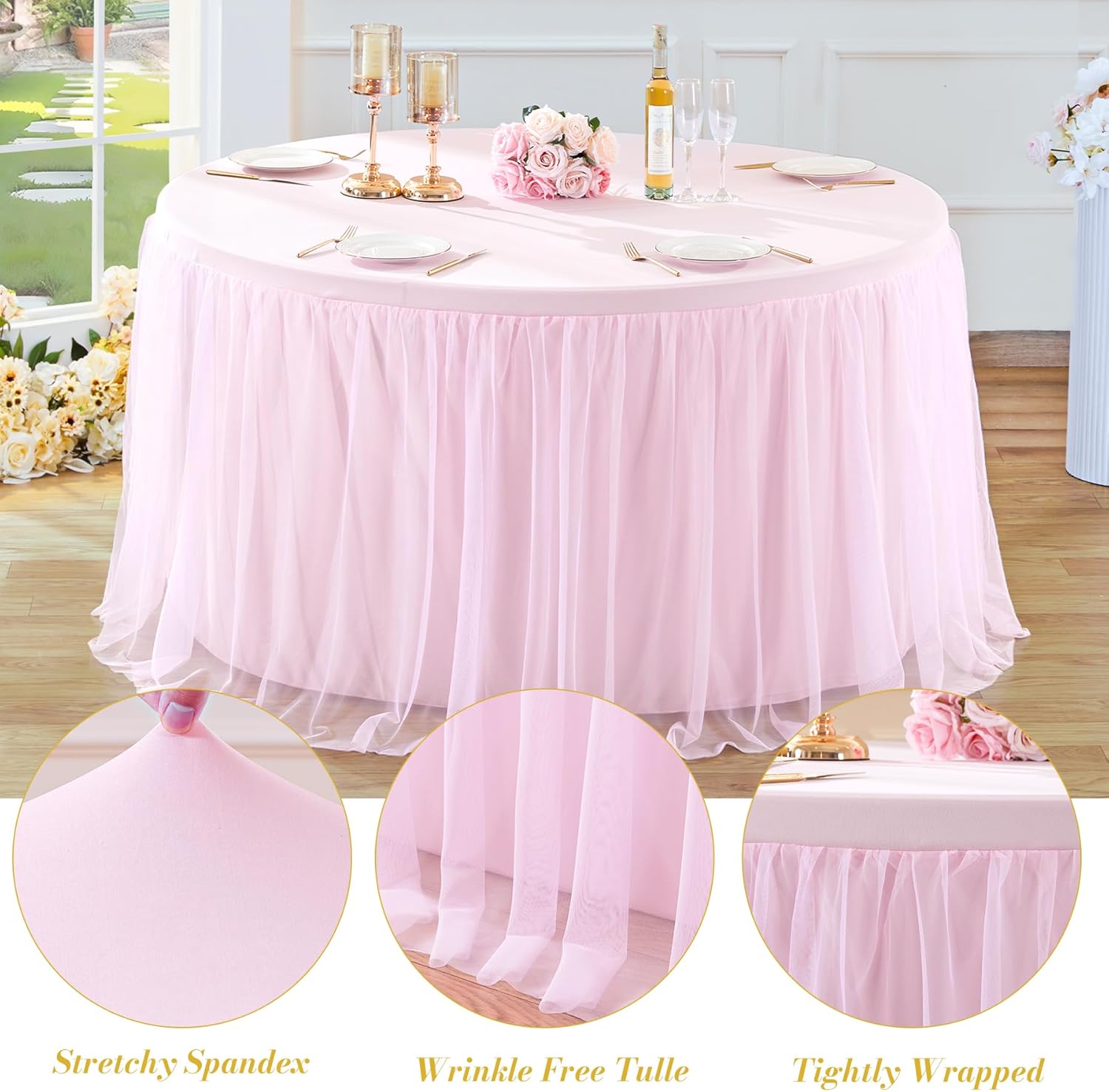 2 Pack Pink Tulle Round Valentine Table Cloth for 60 Inch Round Tables, Banquet Tablecloth Table Cover, Floor Length Tablecloths, Circle Tutu Tulle Table Cloths Table Skirt for Wedding Party