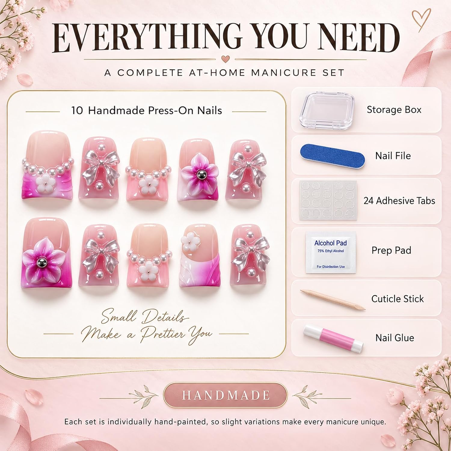 Handmade Short Duck Press On Nails, 3D Pearl Bow, 10Pcs Size‑M for Women image 4