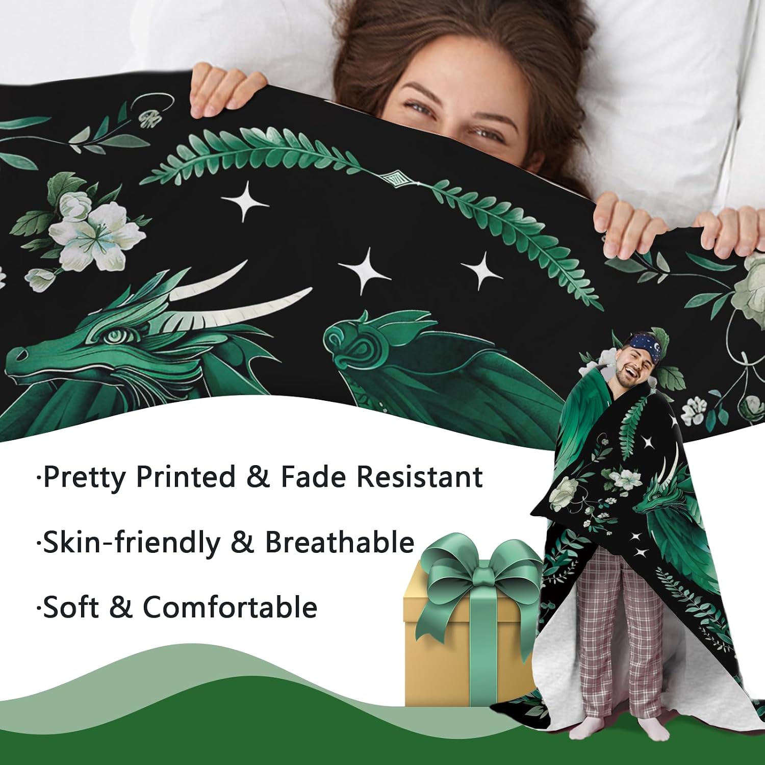Green Dragon Flannel Throw Blanket, Birthday for Dragon Lover Kids Girls Boys Men Women, Botanical Flowers Soft Blankets for Bedding Sofa 60'' x 80''