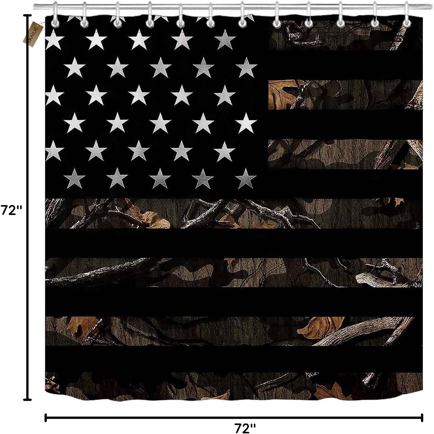 4PCS Camo Black American Flag Shower Curtain Set, Camouflage USA Flag Woodland Forest Hunting Cabin Country Rustic Farmhouse Bathroom Decor, Waterproof Fabric Shower Curtain, Non-slip Bath Mat