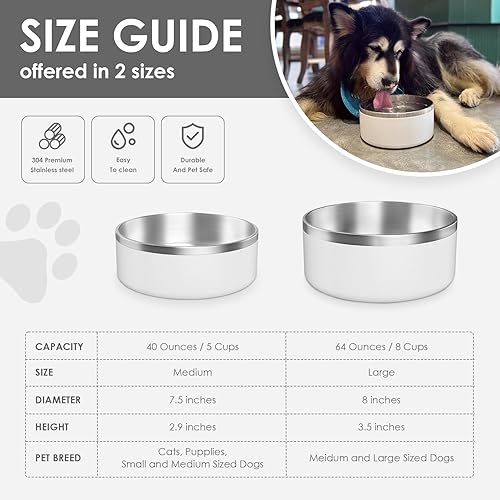 Miniatura 5 de Cuenco para perros para comida y agua, cuenco de alimentación de mascotas de acero inoxidable de 64 onzas, duradero, antideslizante, doble pared,