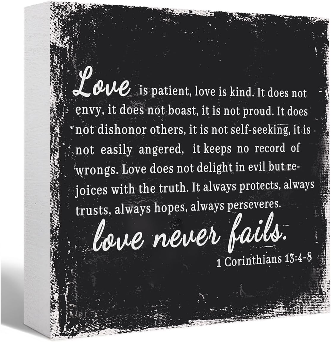 7x7 Inch Love Never Fails Wood Box Sign, 1 Corinthians 13: 4-8 Decor