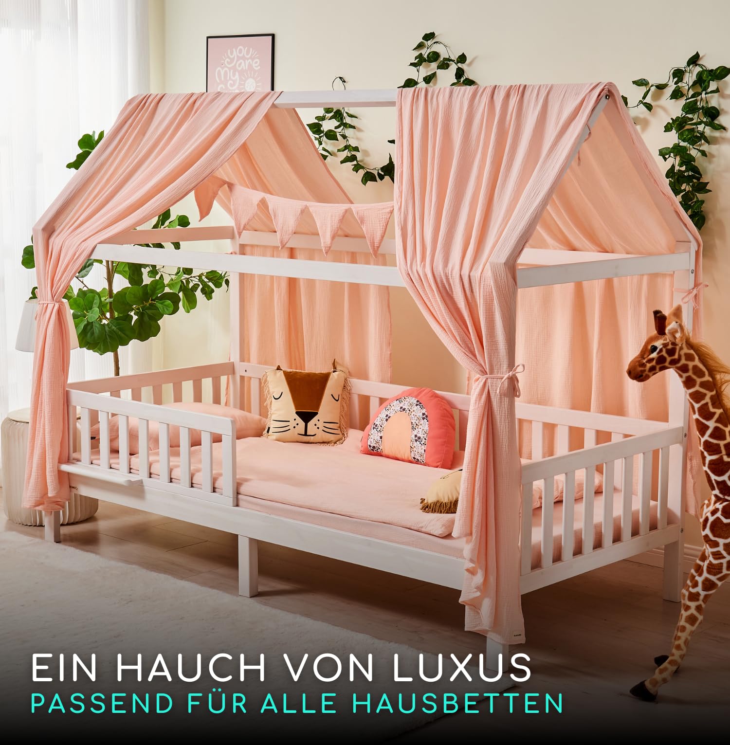 ALAVYA HOME® Hausbett Himmel Deko Set 3-TLG – 2 Stoffhimmel + Wimpelkette, GOTS Bio-Musselin Baumwolle, Traumhimmel für Kinderzimmer, Mädchen & Jungen, 125x350cm, Hellrosa