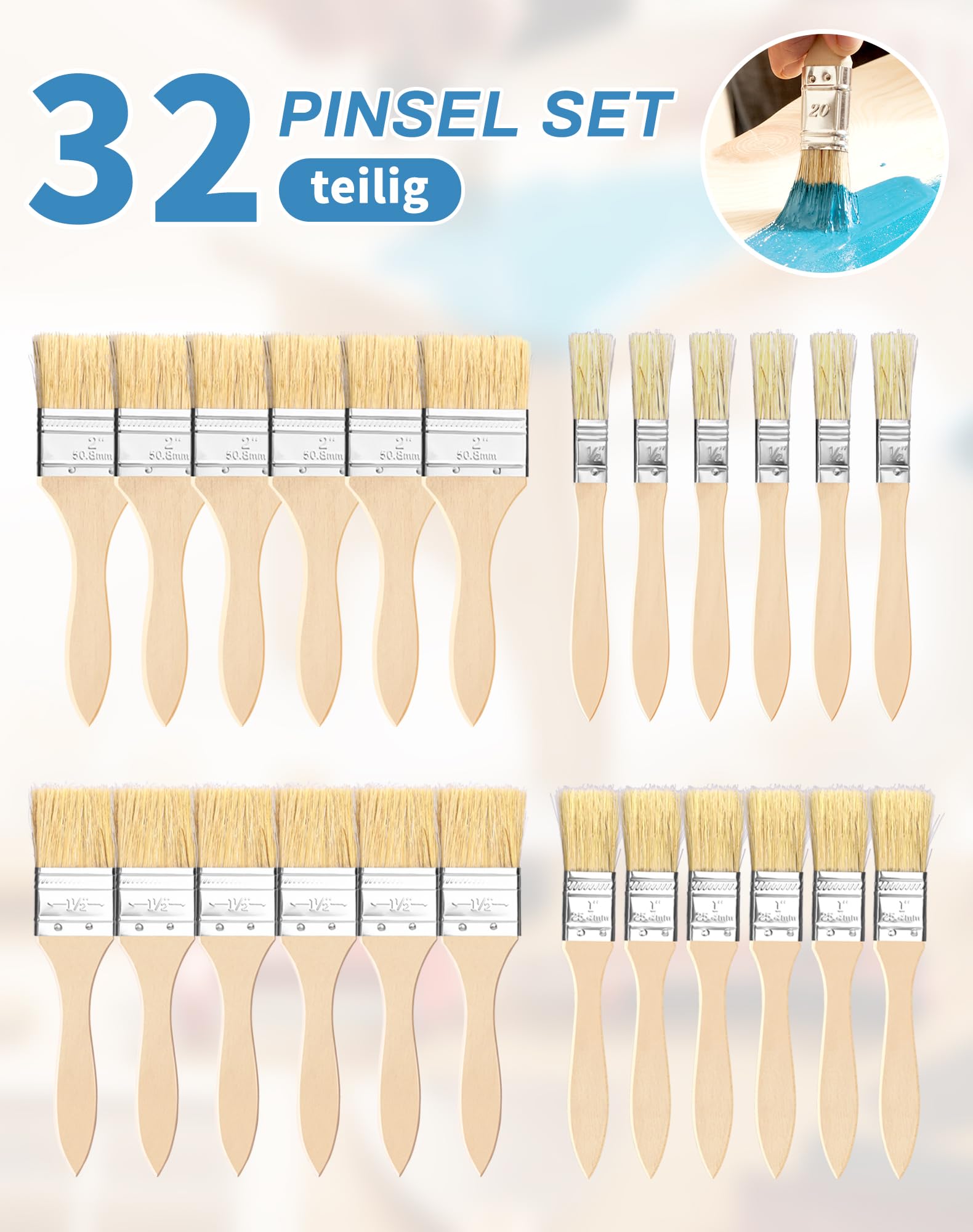 32 sztuki Zestaw pędzli do malowania, 12,7/25,4/38,1/50,8 mm, szerokie, płaskie, do lakieru, lazury, farby, oleju, lazury, drewna, DIY