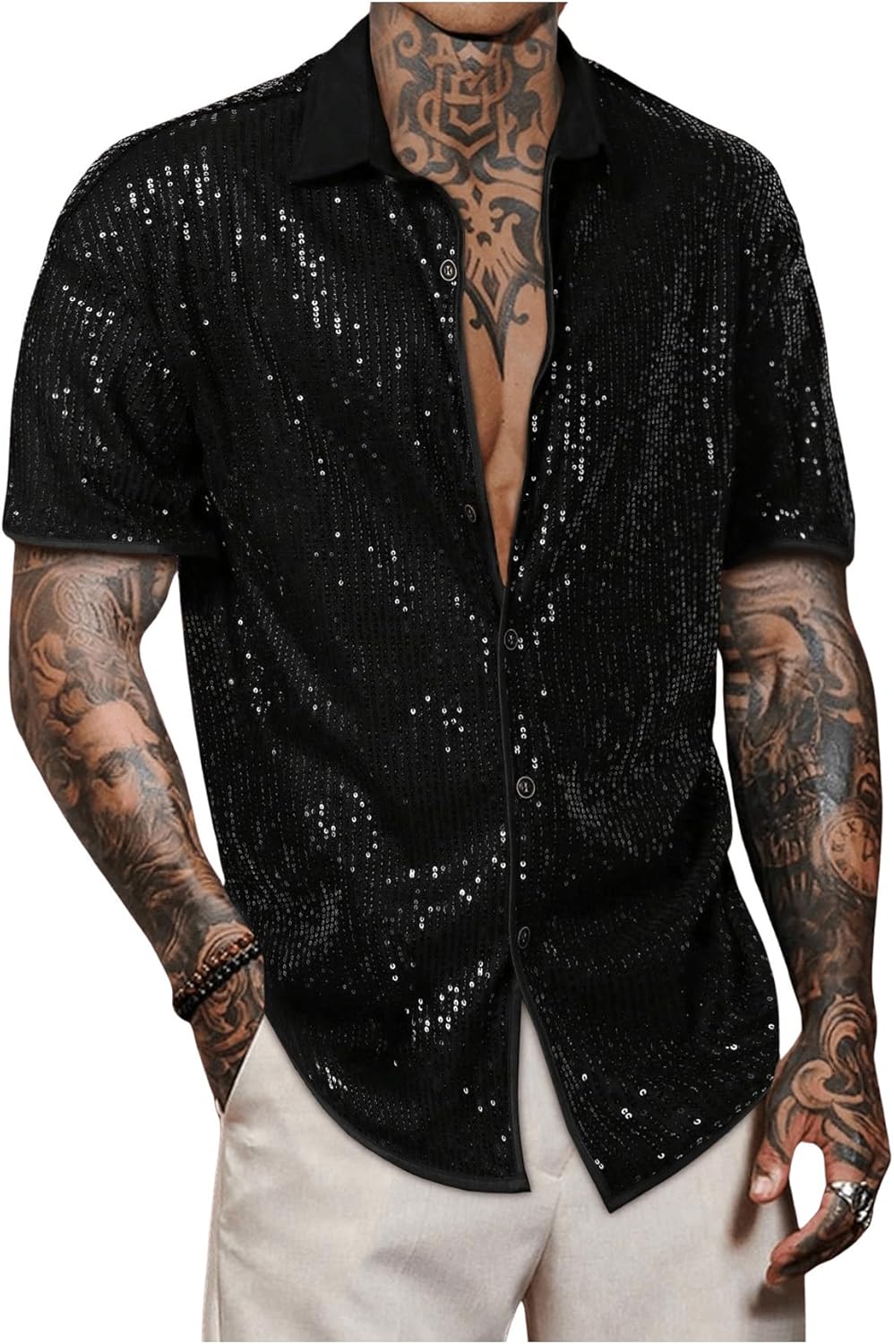 Men's Sequin Button Down Shirts Sparkle 70s Disco Short Sleeve Party Shirt Tops