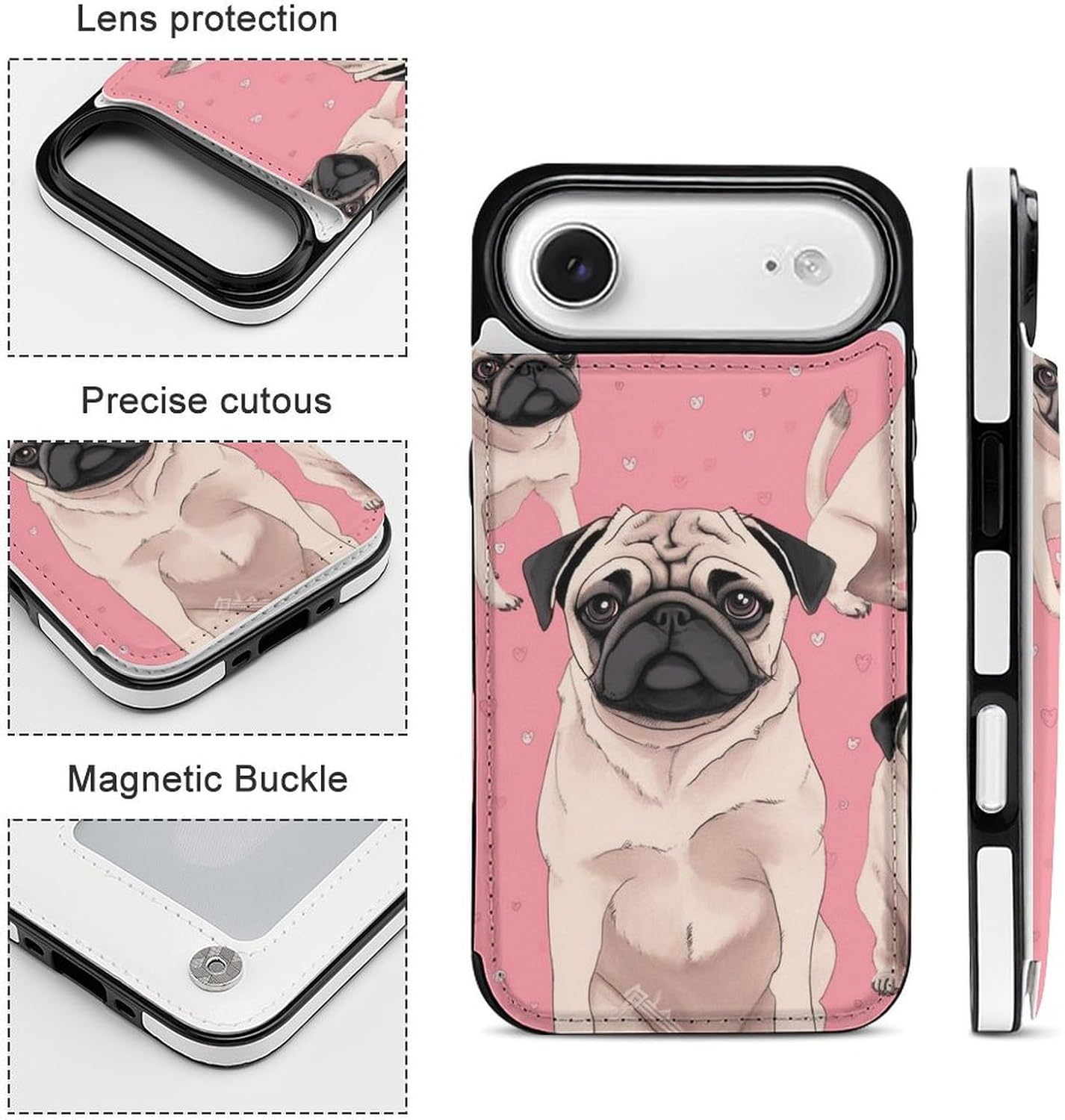 Wallet Cases for iPhone 17 Air, Pug Dog Pink Background Prints Flip Leather Phone Case Cover with Card Slots Holder