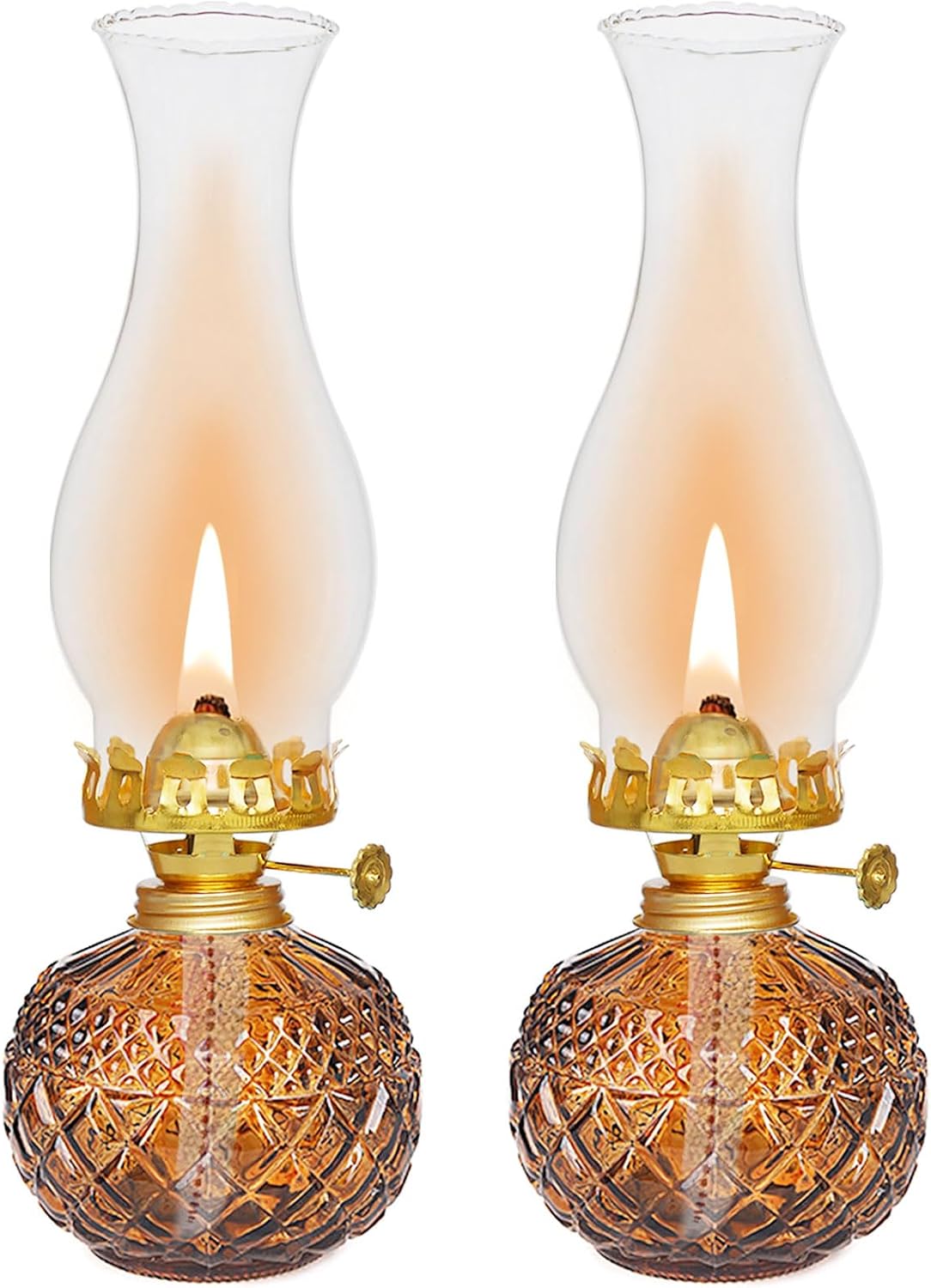 2 Pieces Vintage Chamber Oil Lamp Glass Clear Kerosene Lamp Indoor Decorative Hurricane Lamp Oil Lamps for Indoor Use or Tabletop Decor and Emergency Lighting Brown