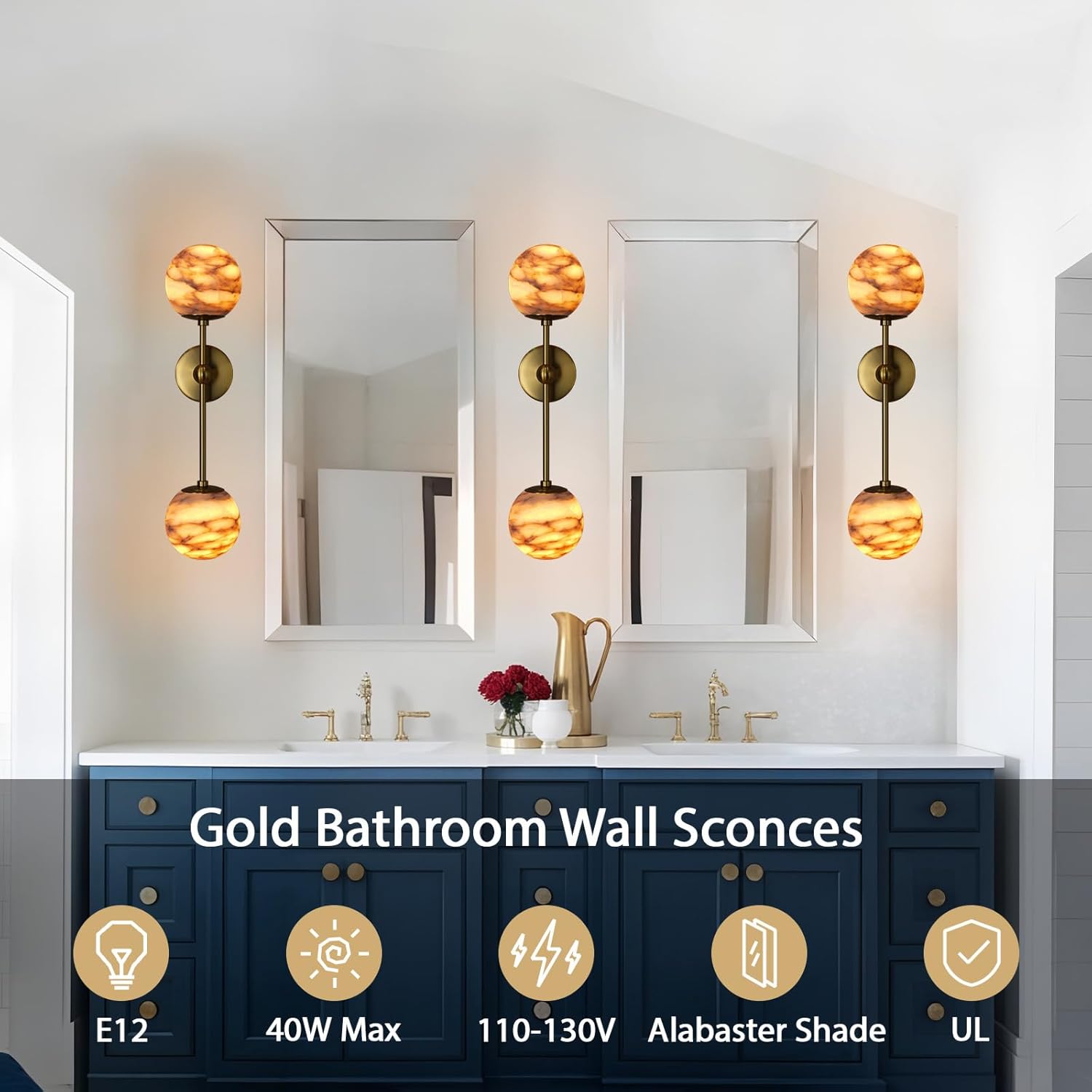 Alabaster Wall Sconce Set of 2,Brass Globe Wall Sconces,Modern Vanity Lights for Bedroom, Bathroom, Living Room, Hallway, Stairs, Mirror Lighting(2 Pack)