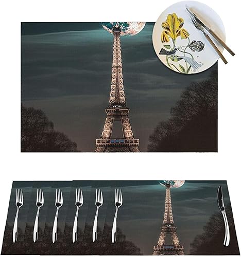 6 PCS PVC Placemats Set Place Mats Full Moon Paris Eiffel Tower Non-Slip Weave Place Mats 12" x 18" Farmhouse Table Mat Set for Family Dinners