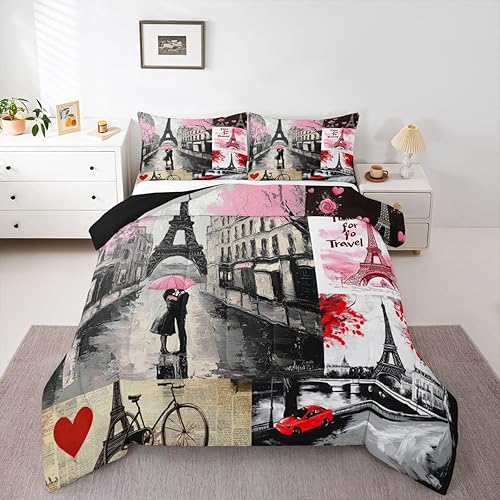 Miniatura 5 de Juego de edredón de la Torre Eiffel romántico paisaje urbano de París para niñas, niños y mujeres, relleno de edredón de construcción de la ciudad