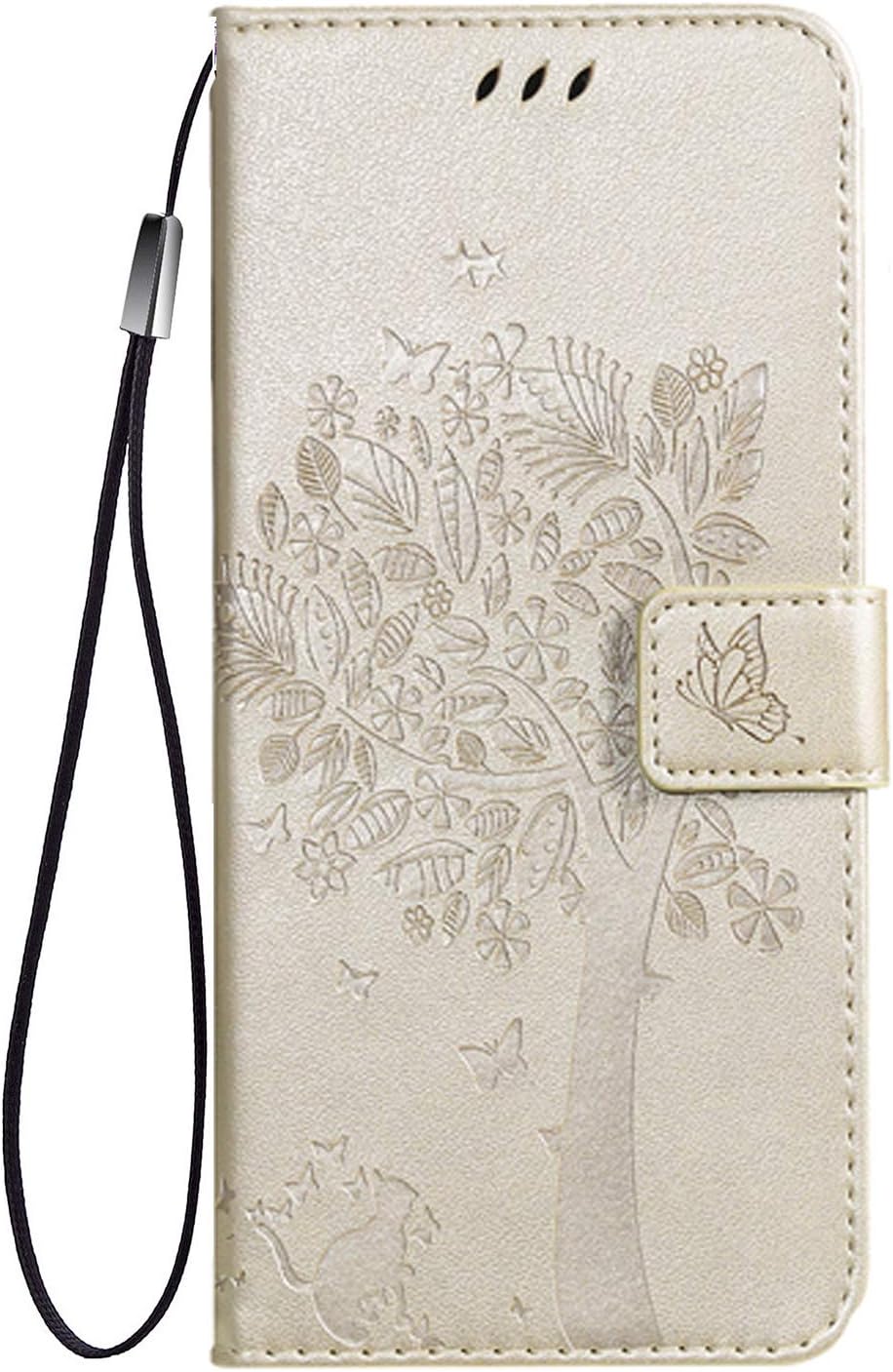 LG K51 Wallet Case,LG Q51 PU Leather Protective Case Emboss Love Tree Cat Folio Magnetic with Card Holder Kickstand Flip Case for LG K51 / LG Q51 Gold