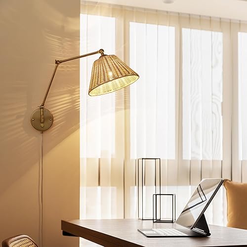 Miniatura 9 de Juego de 2 apliques de pared dorados regulables con brazo oscilante, lámpara de pared de ratán tejida a mano, lámpara vintage para colgar en la