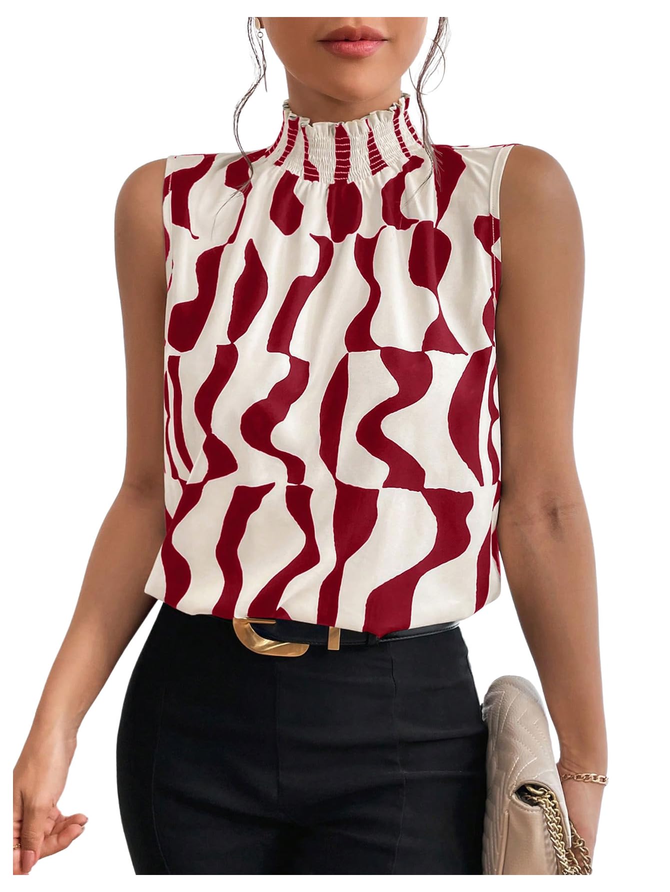 Floerns Women's Geo Print Sleeveless Vest Frill Trim Mock Neck Elegant Blouse Tops