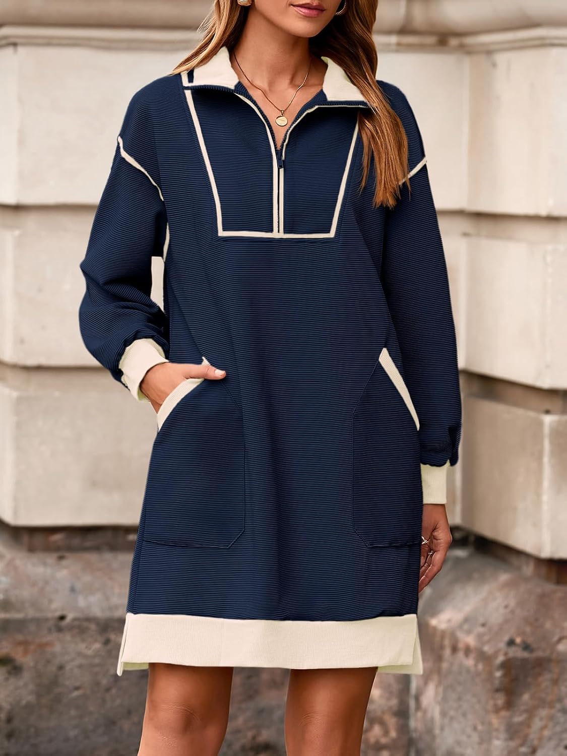 Wenrine Women's Oversized Sweatshirt Dress Half Zip V Neck Long Sleeve Contrast Fall Casual Mini Dresses - Image 2