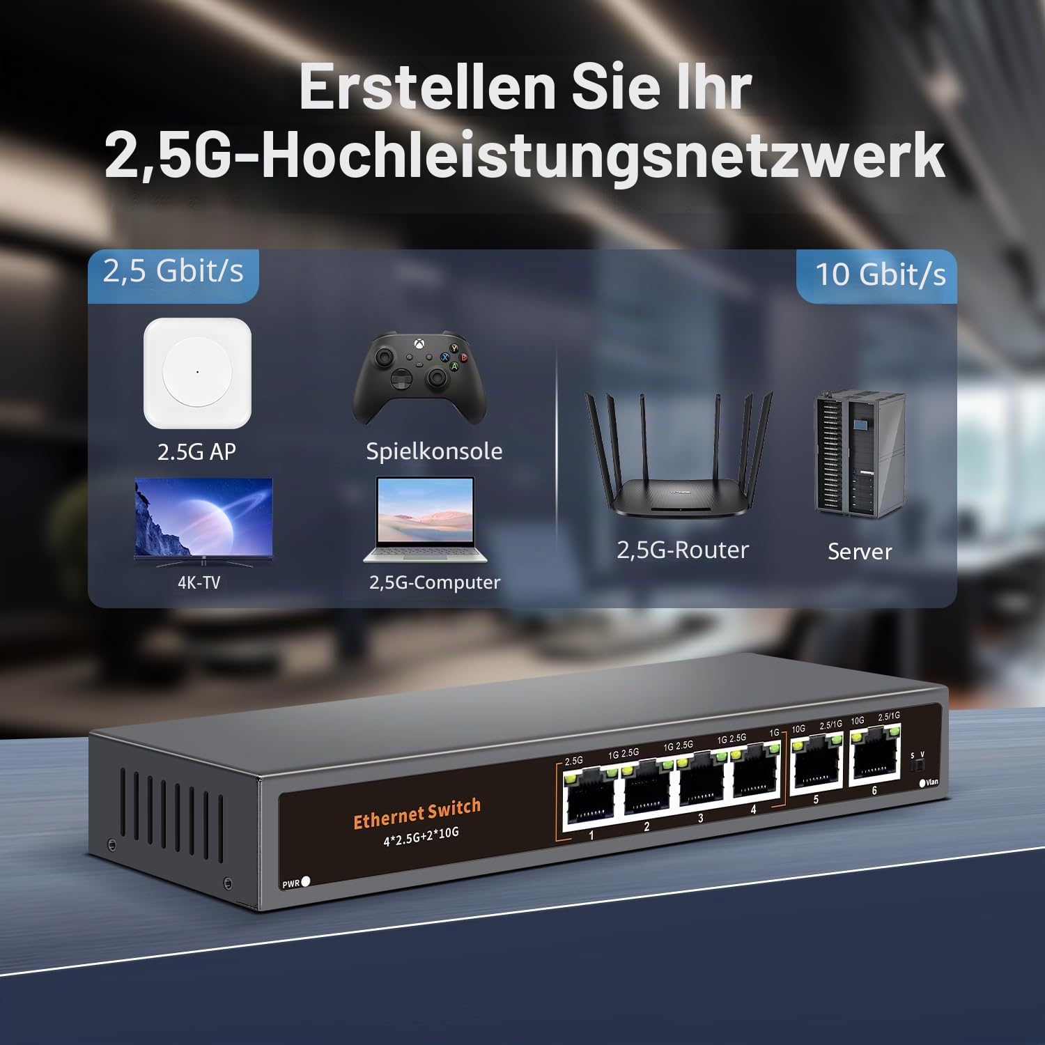 10G Unmanaged Ethernet Switch mit 2 x 10G RJ-45 Uplink-Port und 4 x 2,5 G Base-T Ports, kompatibel mit 100/1000/2500 Mbps, One-Key WLAN, lüfterlos Plug & Play, Metall 2,5 GB Netzwerk-Switch (6)