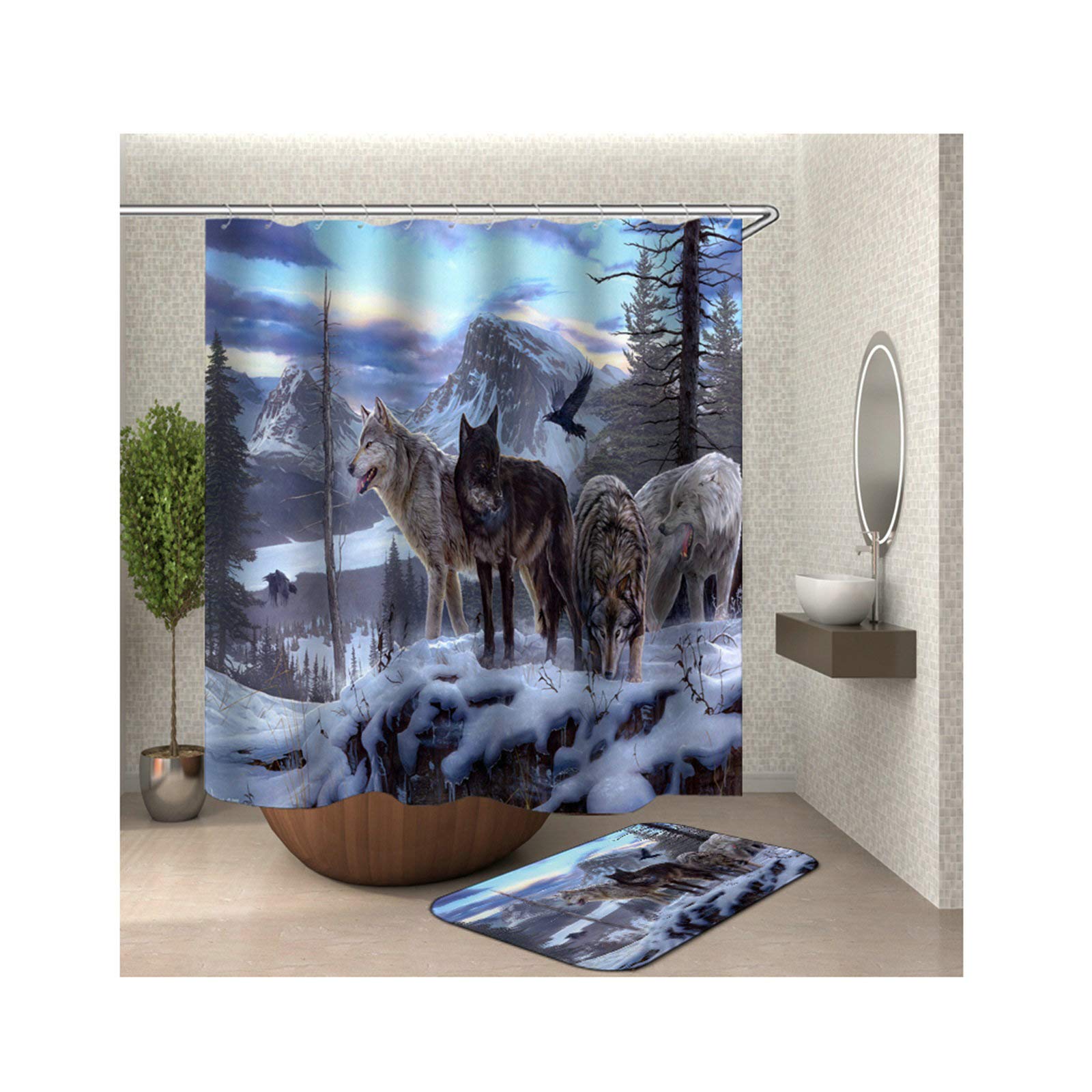 KnSam - Alfombrilla y Cortina de Ducha de poliéster antibacteriana, diseño de montaña de Nieve y Lobo D1, Cortina de Ducha + Alfombrilla de baño + 12 Anillas para Cortinas de Ducha